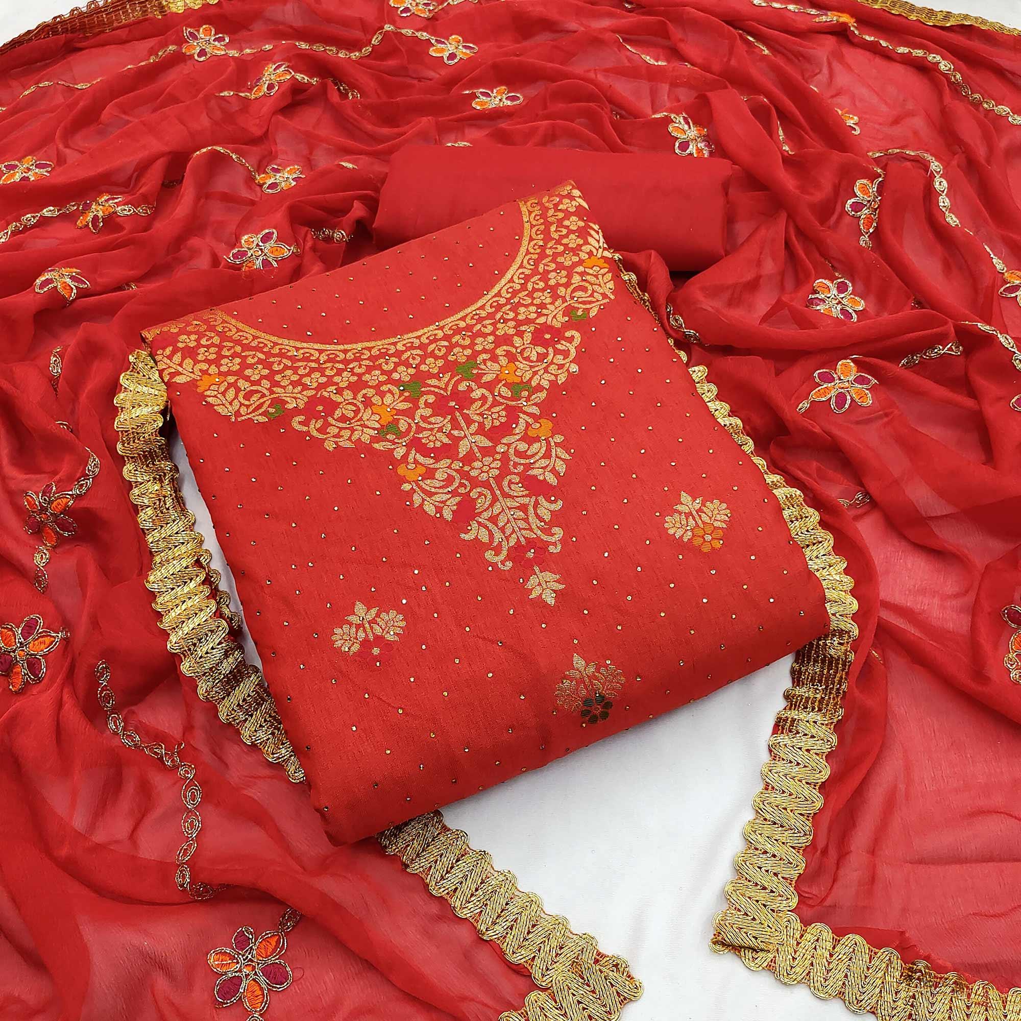 Red Festive Wear Woven With Embellished Cotton Silk Dress Material - Peachmode