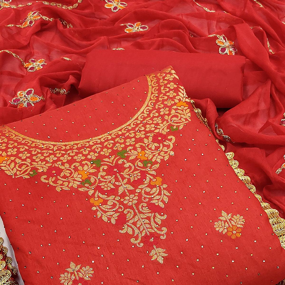 Red Festive Wear Woven With Embellished Cotton Silk Dress Material - Peachmode