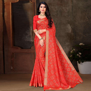 Red Festive Wear Woven With Embellished Vichitra Silk Saree - Peachmode
