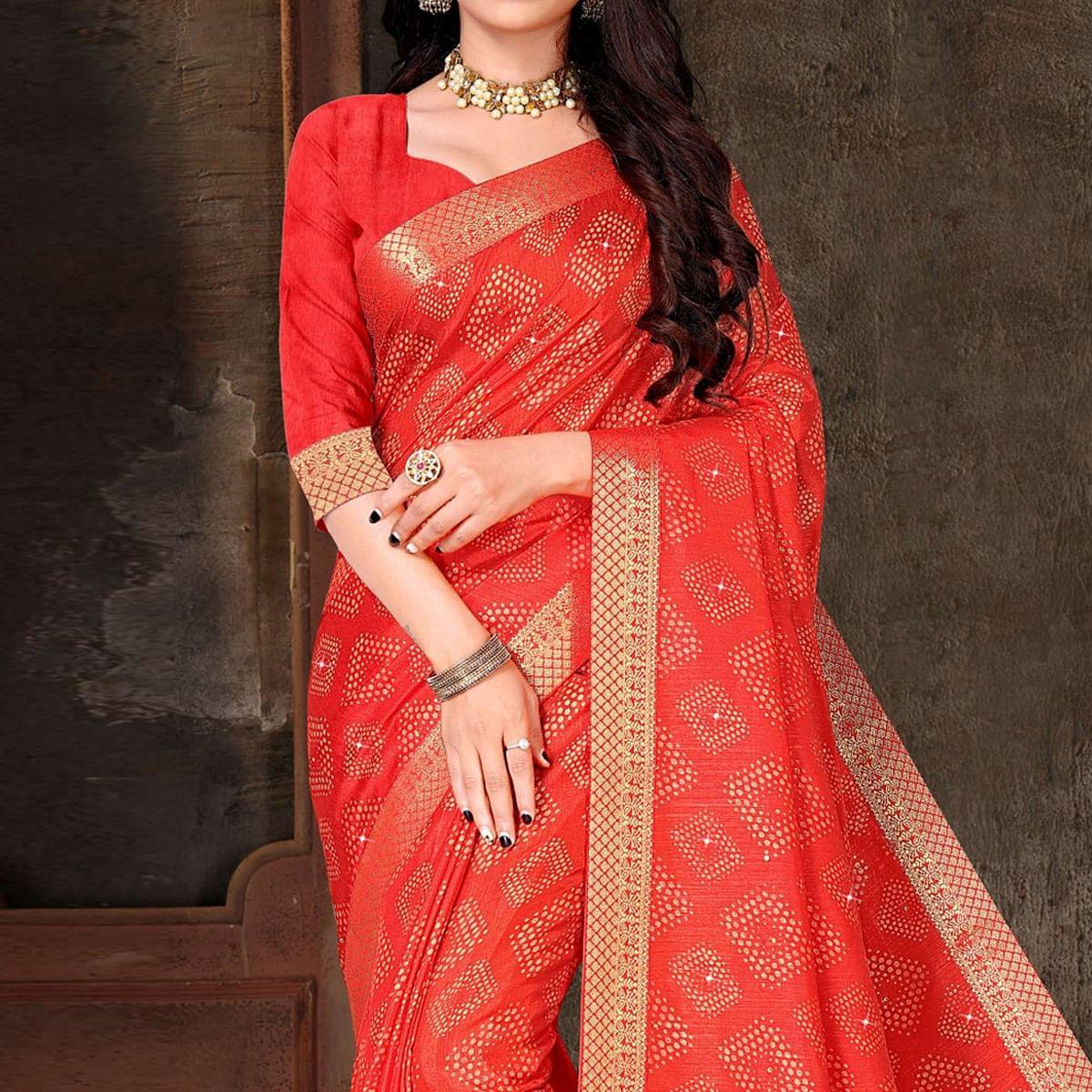 Red Festive Wear Woven With Embellished Vichitra Silk Saree - Peachmode