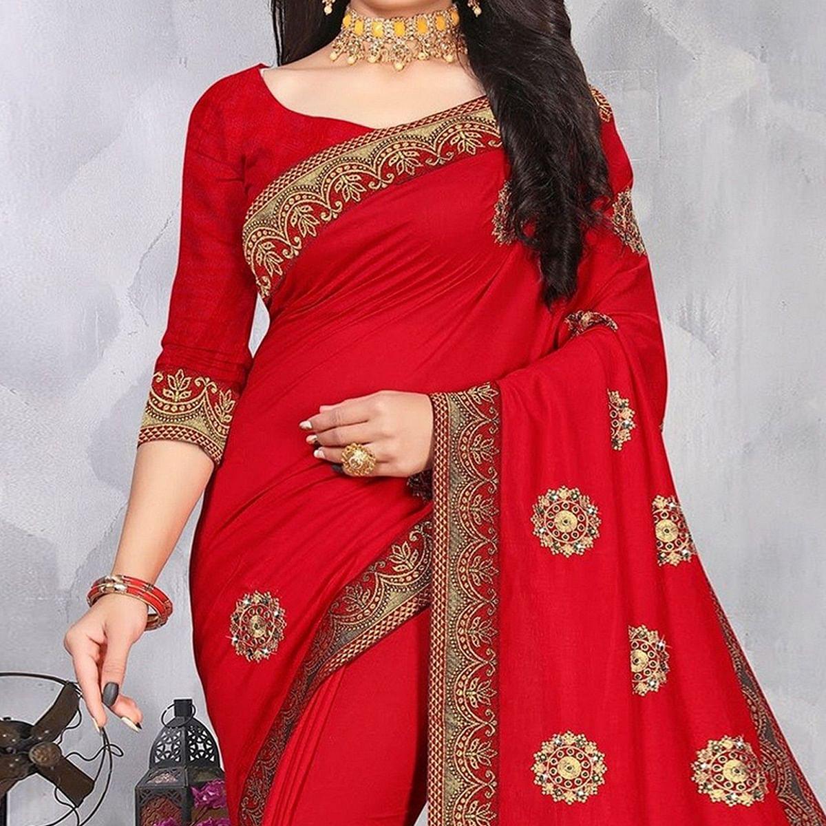 Red Festive Wear Woven With Embellished Vichitra Silk Saree - Peachmode