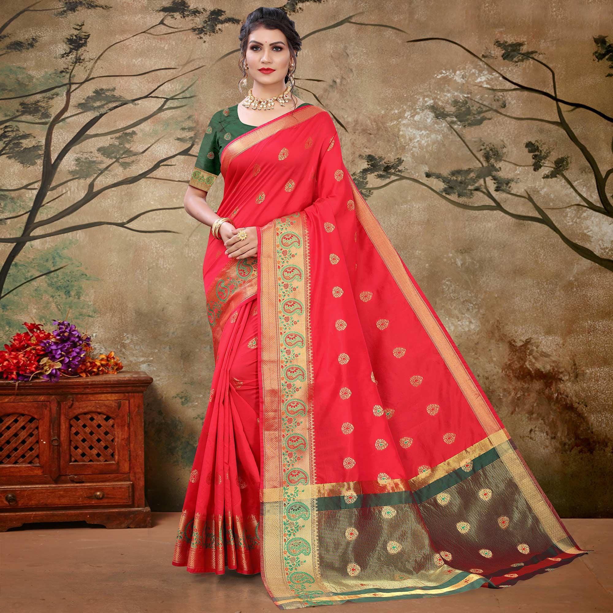Red Festive Wear Woven With Meena Butta Lining Pallu Soft Silk Saree - Peachmode