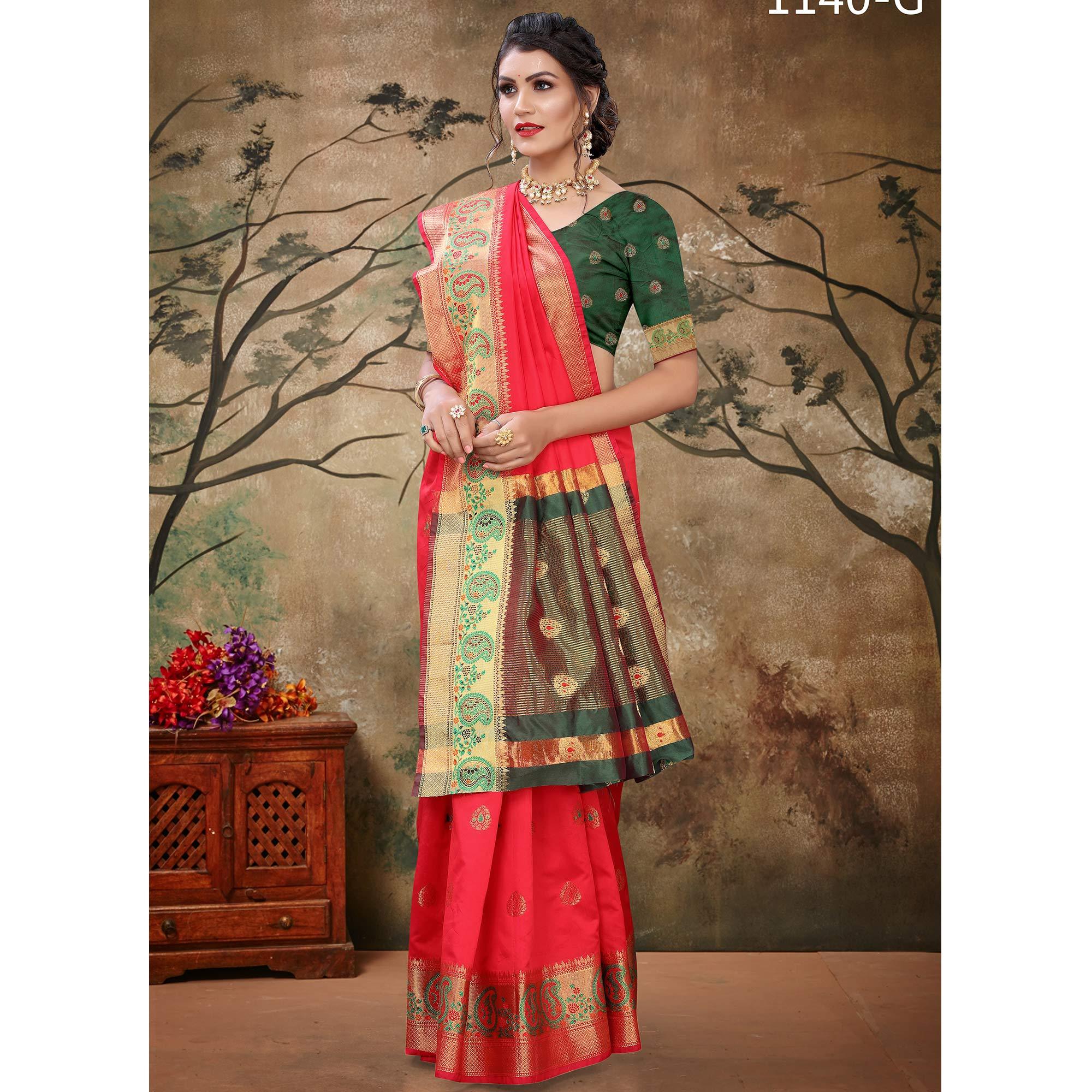 Red Festive Wear Woven With Meena Butta Lining Pallu Soft Silk Saree - Peachmode