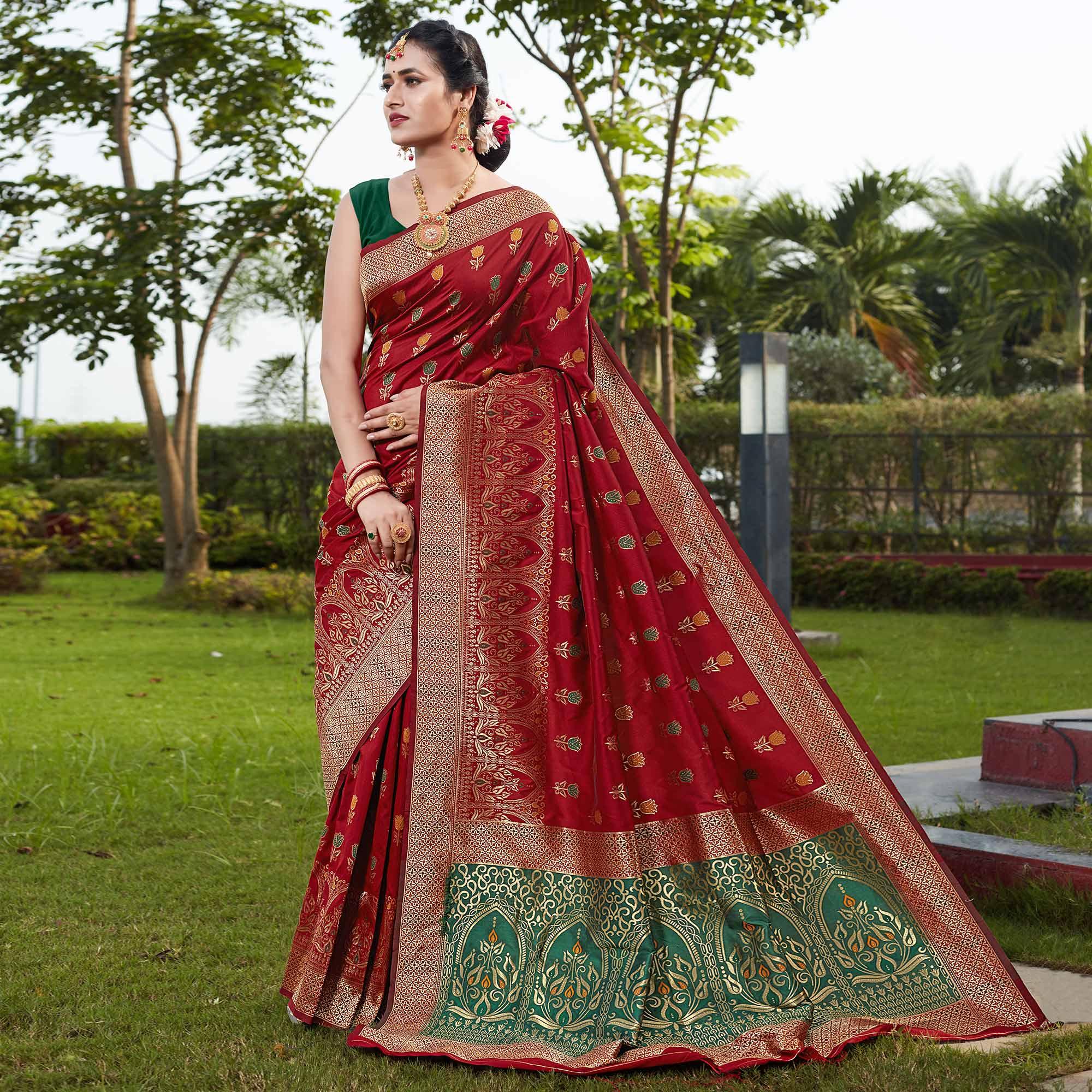 Red Festive Wear Woven With Meena Rappier Lichi Silk Saree - Peachmode