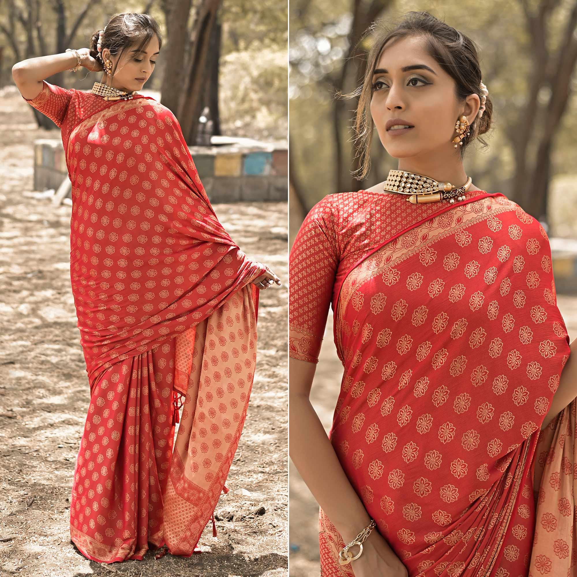 Red Festive Wear Woven With Swarovski Art Silk Saree - Peachmode