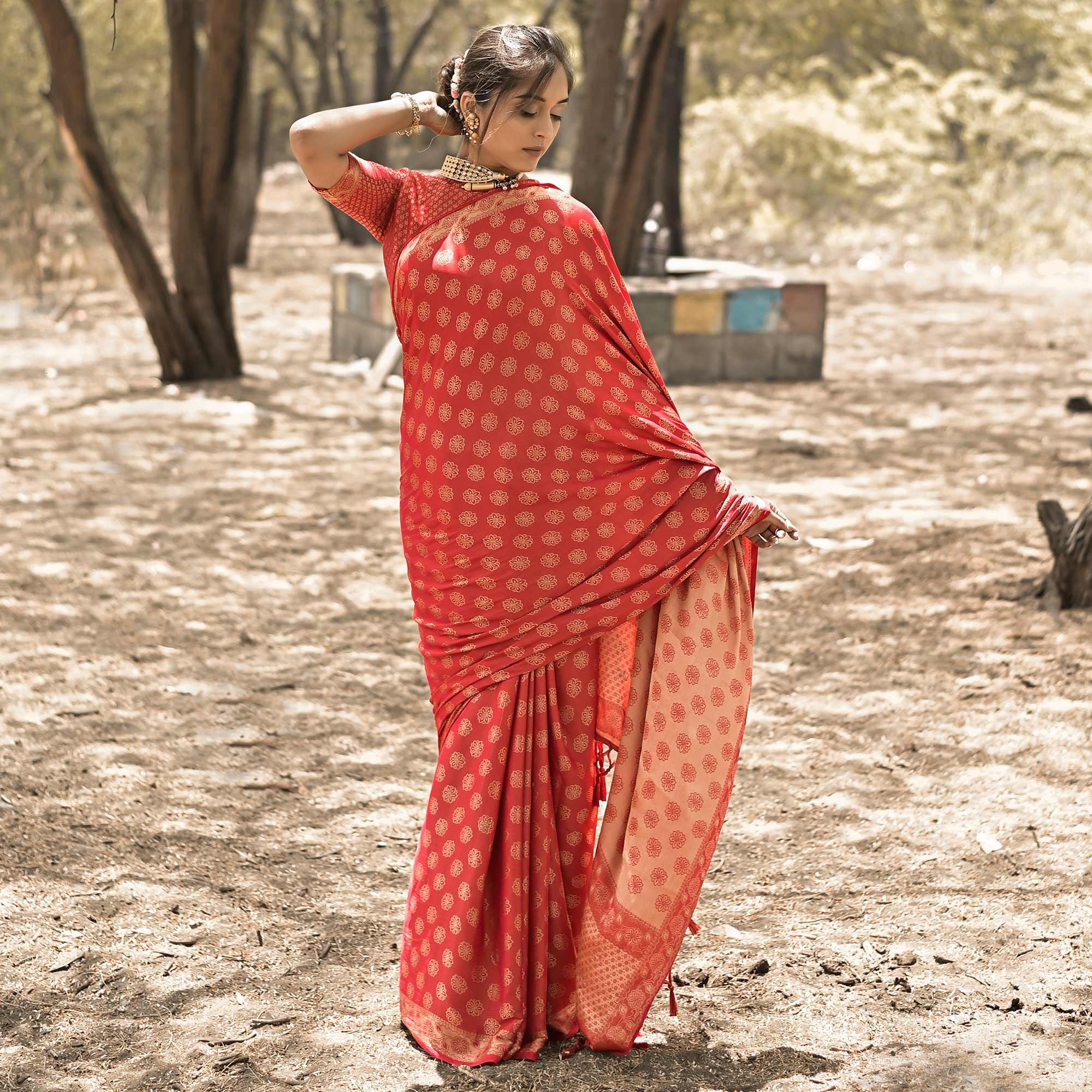 Red Festive Wear Woven With Swarovski Art Silk Saree - Peachmode