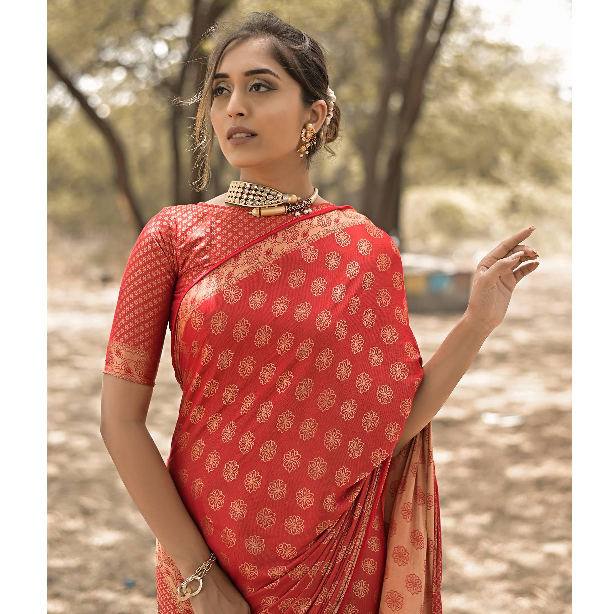 Red Festive Wear Woven With Swarovski Art Silk Saree - Peachmode