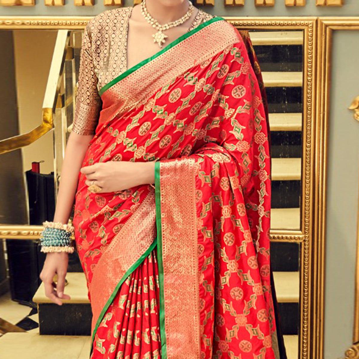 Red Festive Wear Woven Zari Potola Silk Saree - Peachmode
