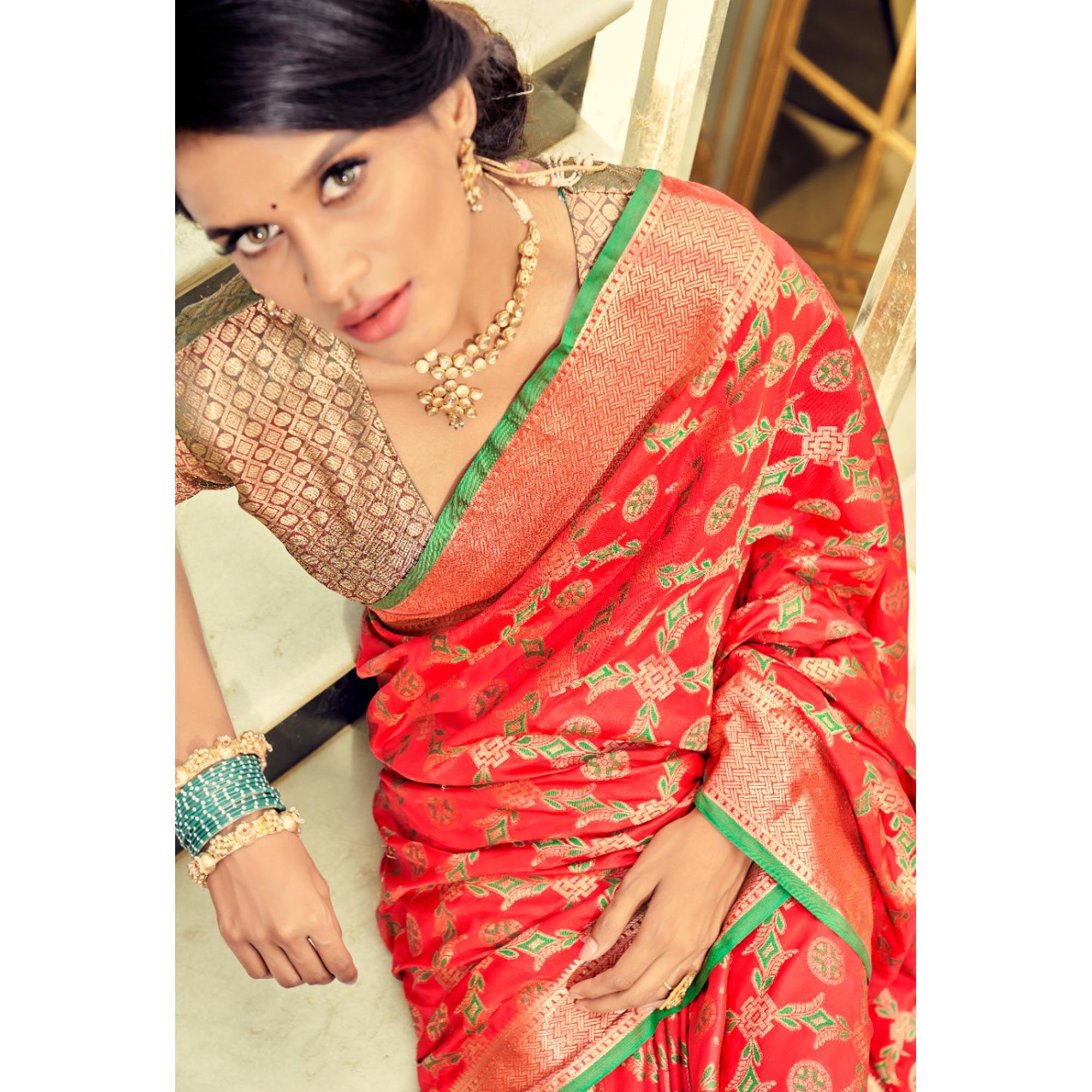 Red Festive Wear Woven Zari Potola Silk Saree - Peachmode