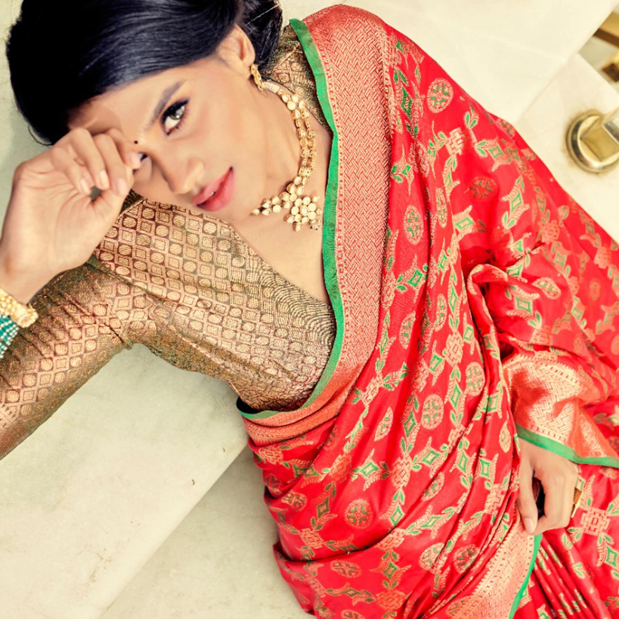 Red Festive Wear Woven Zari Potola Silk Saree - Peachmode