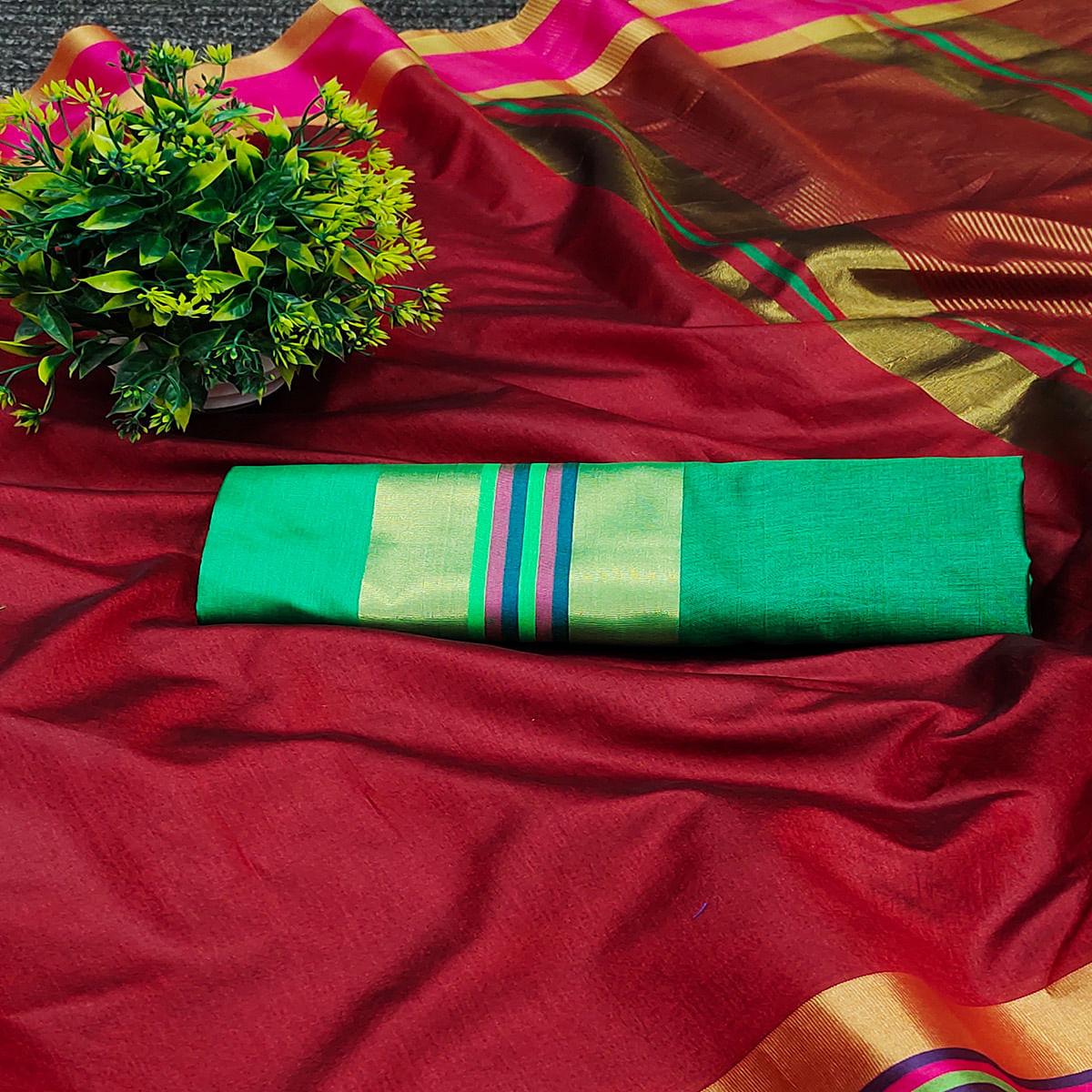 Red Festive Wear Zari Border Cotton Blend Saree - Peachmode