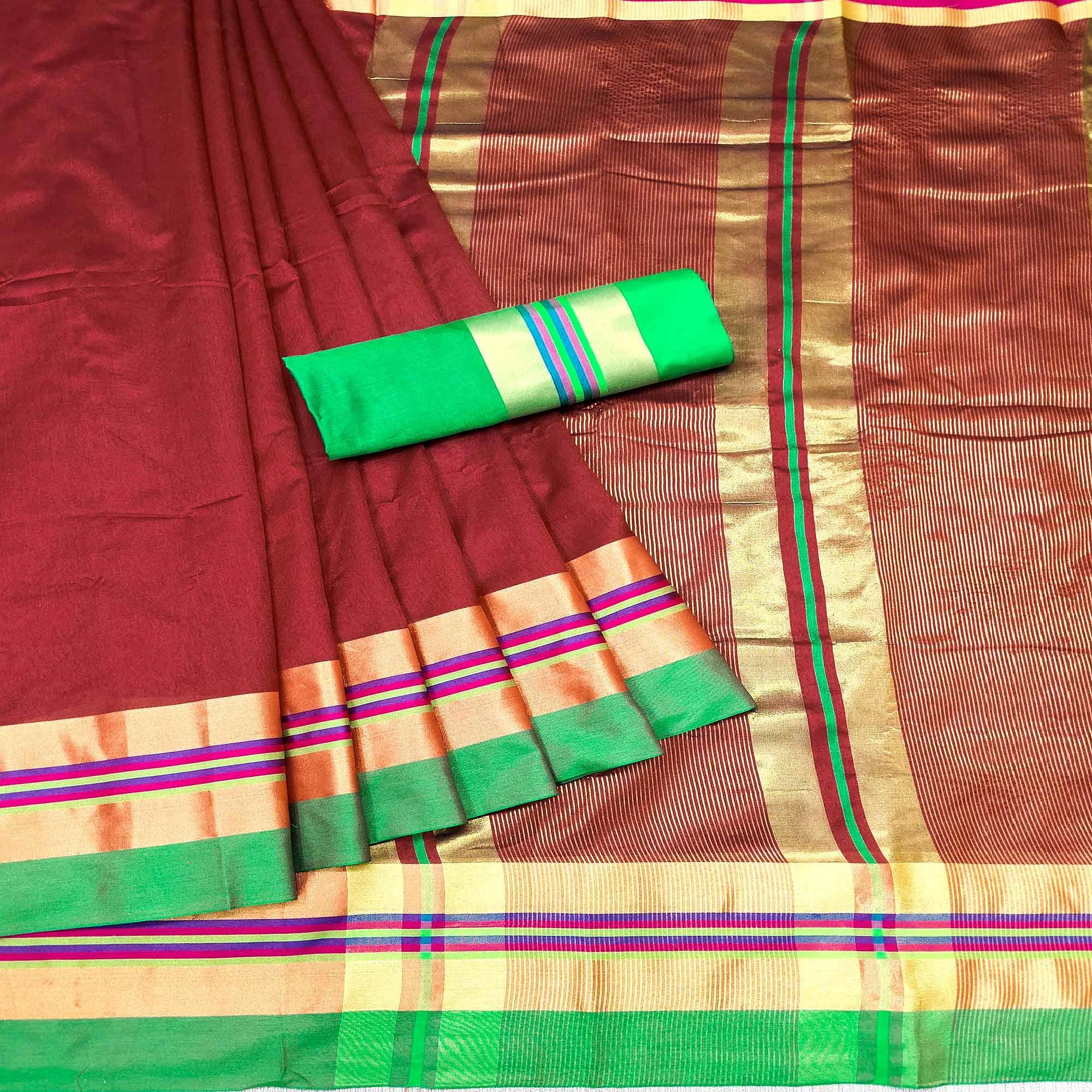 Red Festive Wear Zari Border Cotton Blend Saree - Peachmode