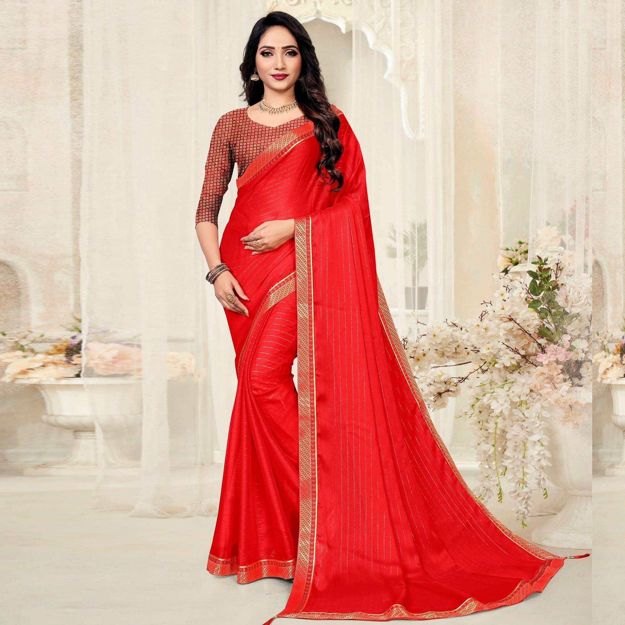 Red Festive Wear Zari Chiffon Saree - Peachmode