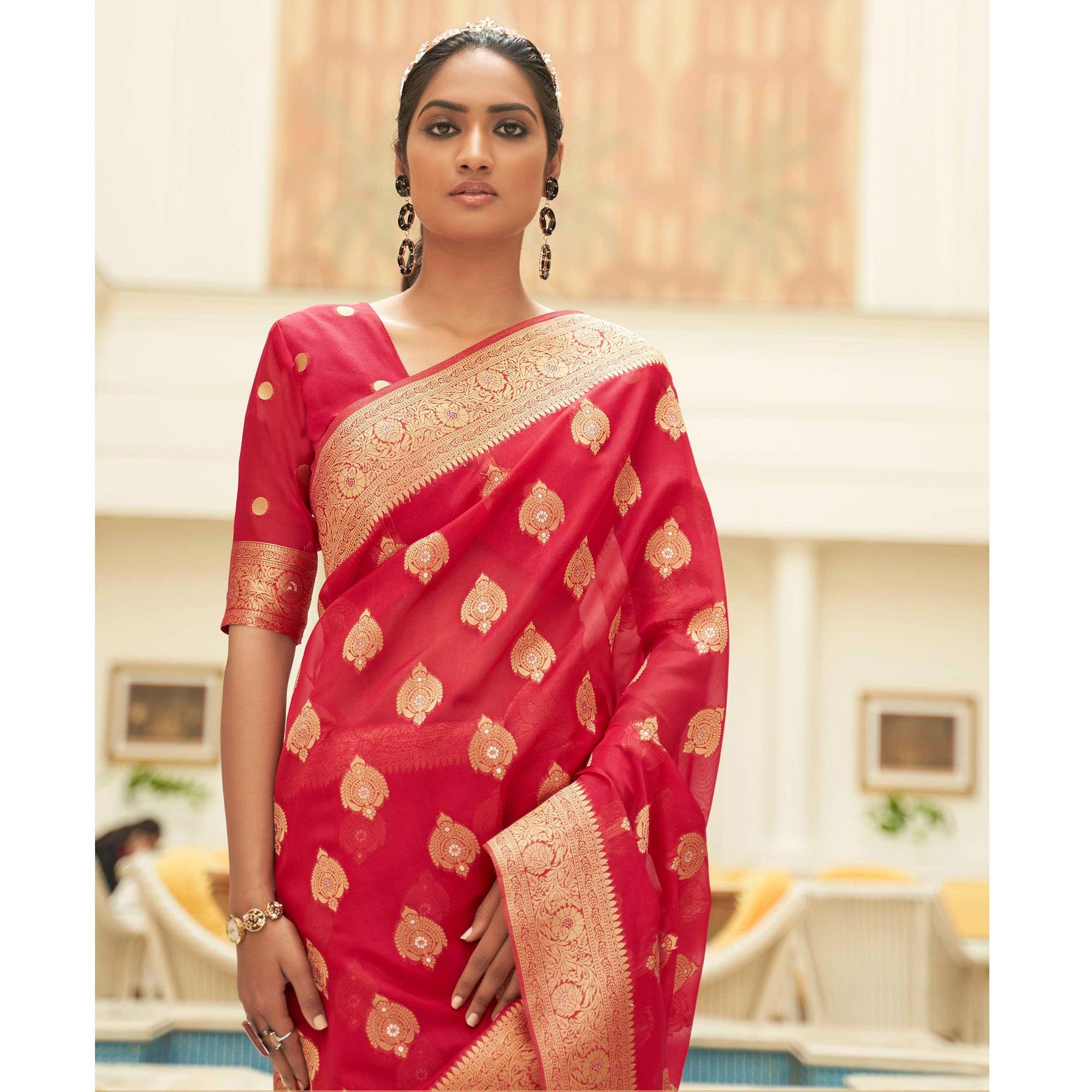 Red Festive Wear Zari Woven Organza Silk Saree With Tassels - Peachmode