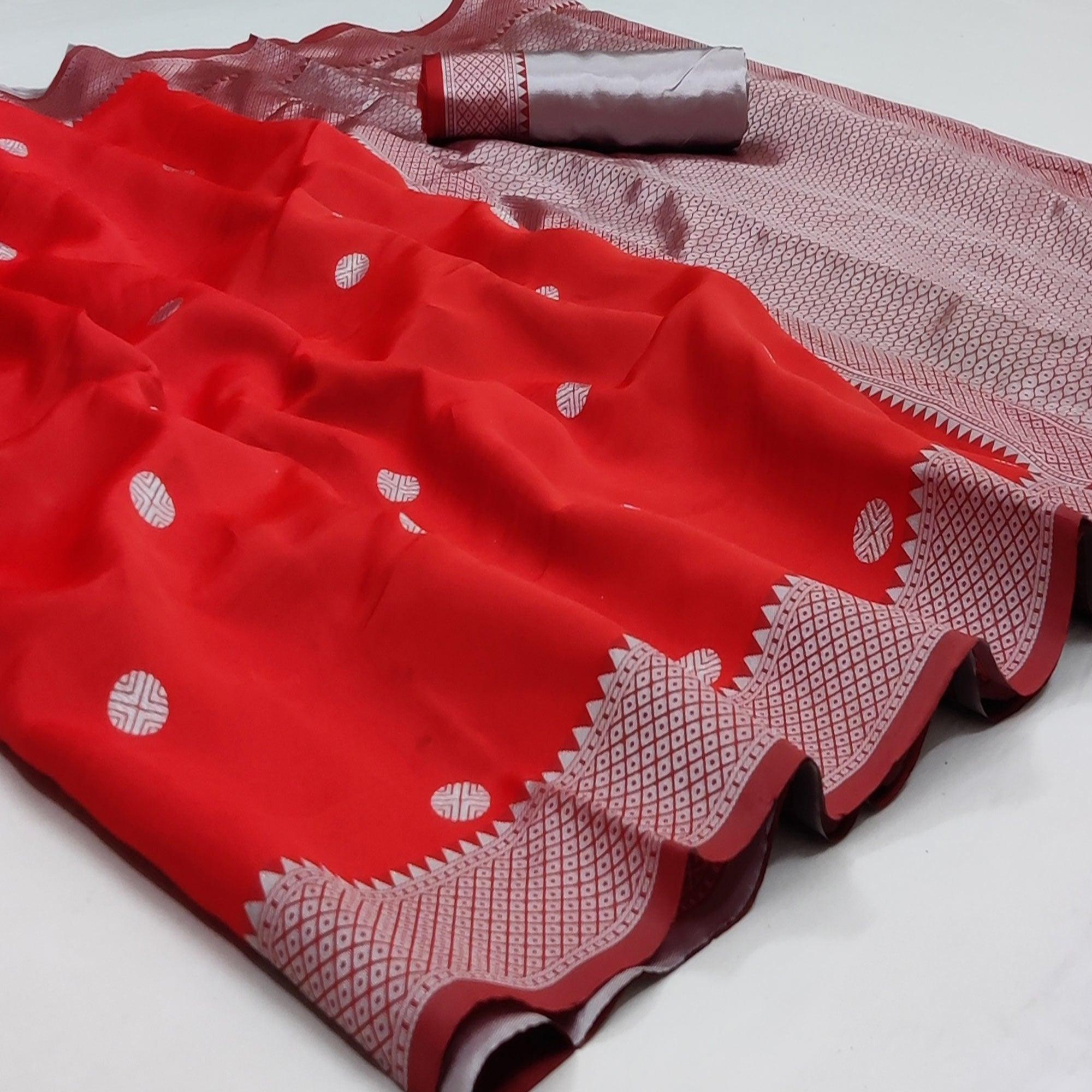 Red Festive Wear Zari Woven Soft Silk Saree - Peachmode