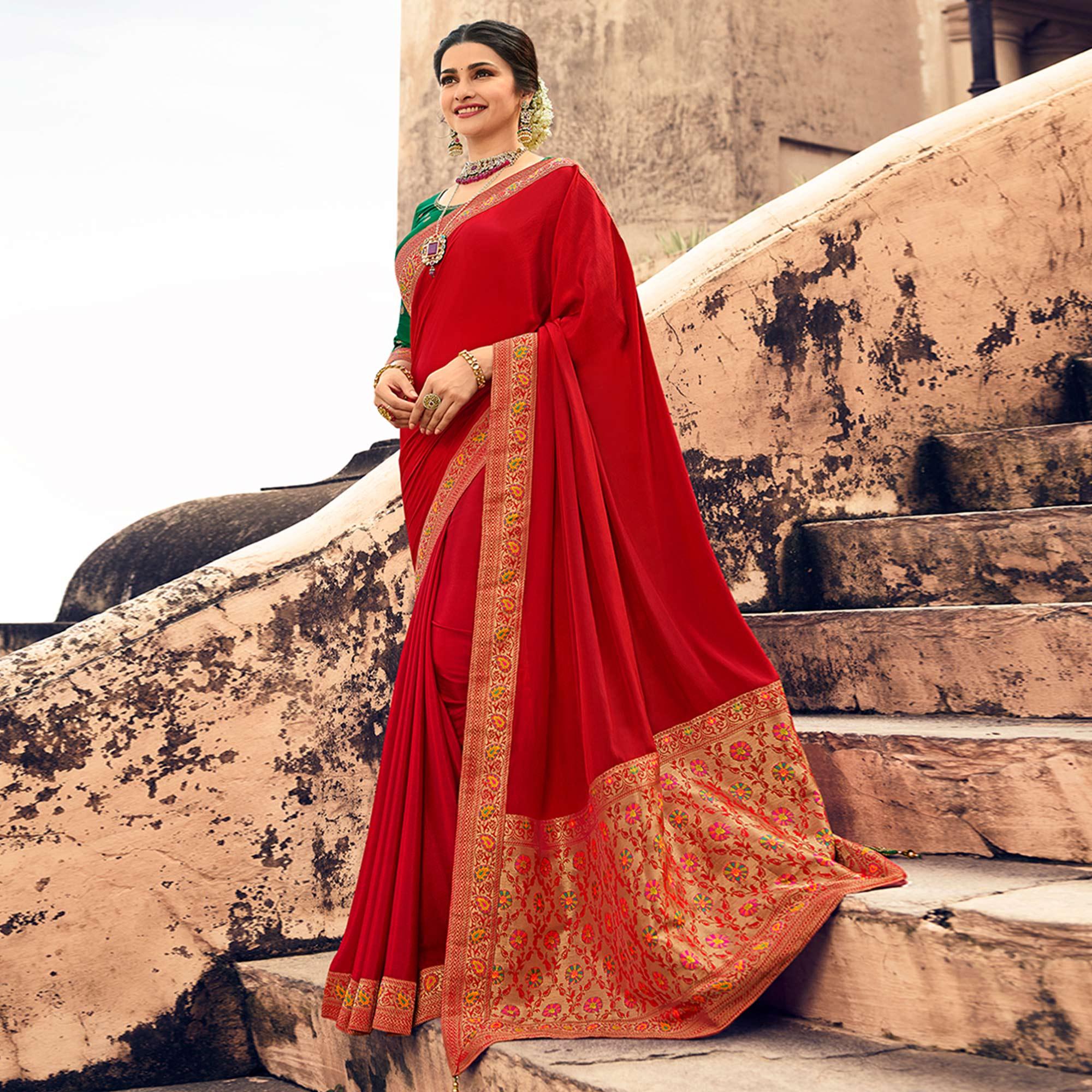 Red Festive Wear Zari Woven With Jacquard Lace & Pallu Sana Silk Saree - Peachmode