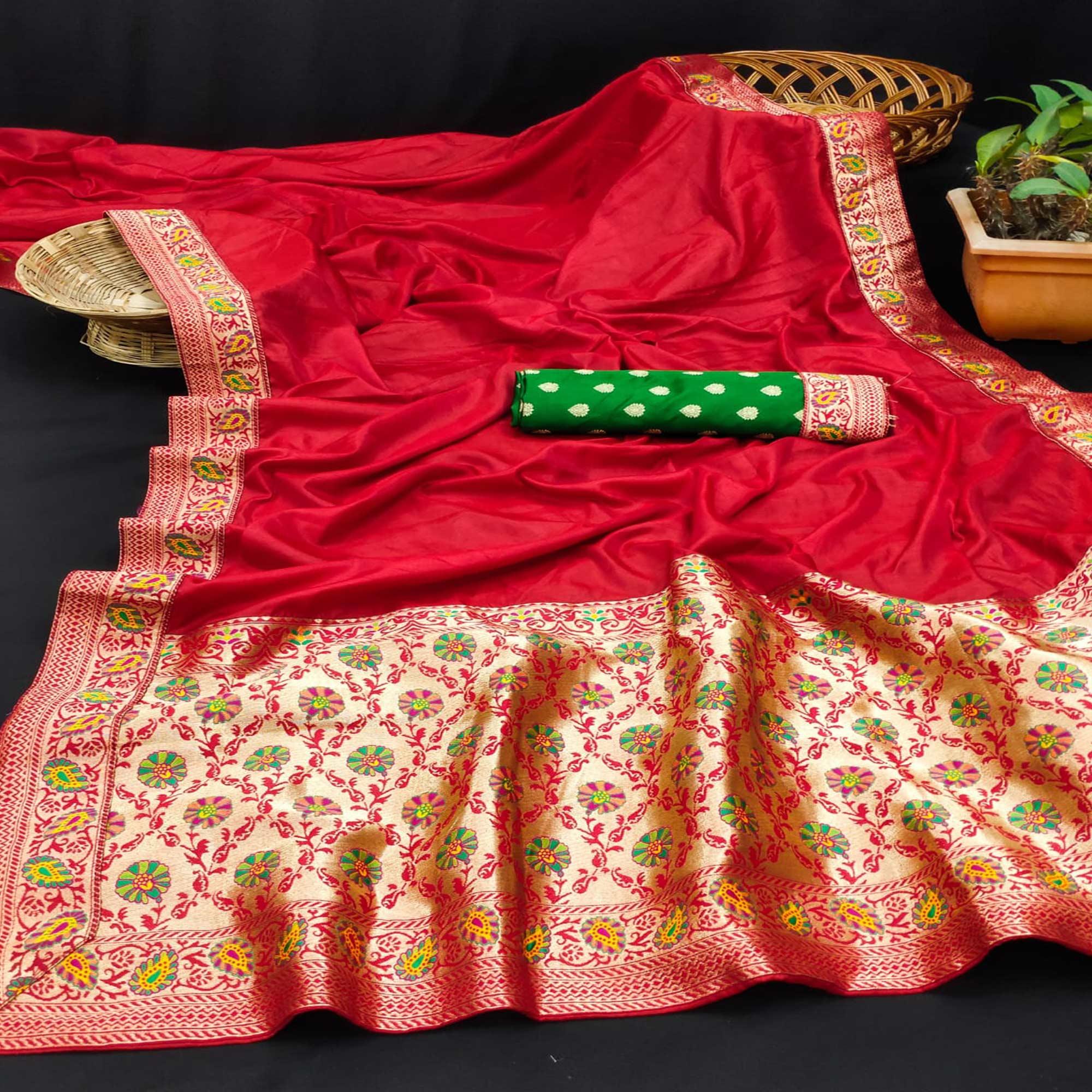 Red Festive Wear Zari Woven With Jacquard Lace & Pallu Sana Silk Saree - Peachmode