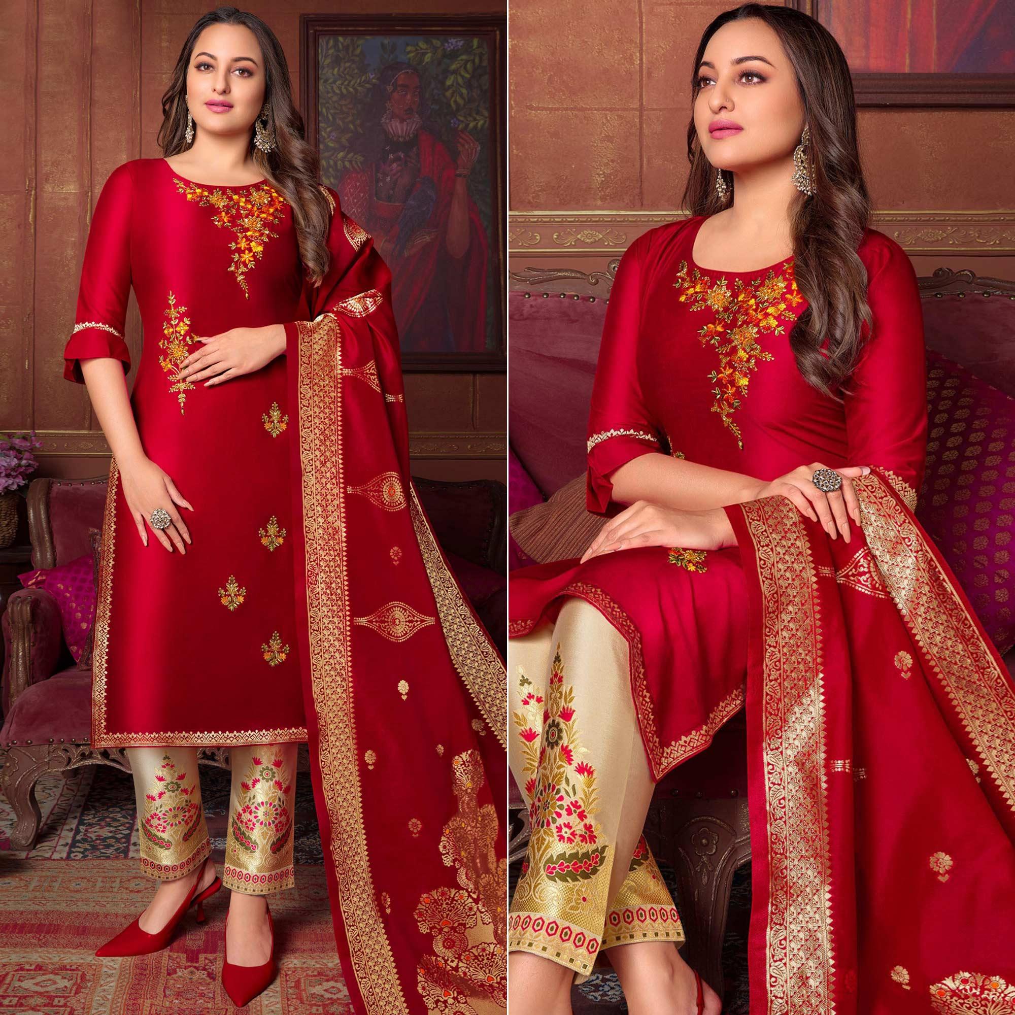 Red Floral Embroidered Art Silk Kurti Pant Set With Dupatta - Peachmode