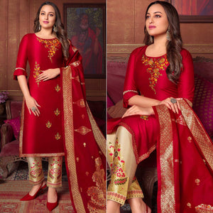 Red Floral Embroidered Art Silk Kurti Pant Set With Dupatta - Peachmode