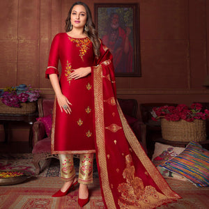 Red Floral Embroidered Art Silk Kurti Pant Set With Dupatta - Peachmode