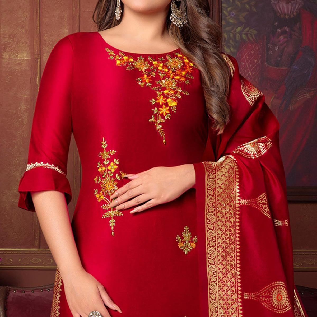 Red Floral Embroidered Art Silk Kurti Pant Set With Dupatta - Peachmode