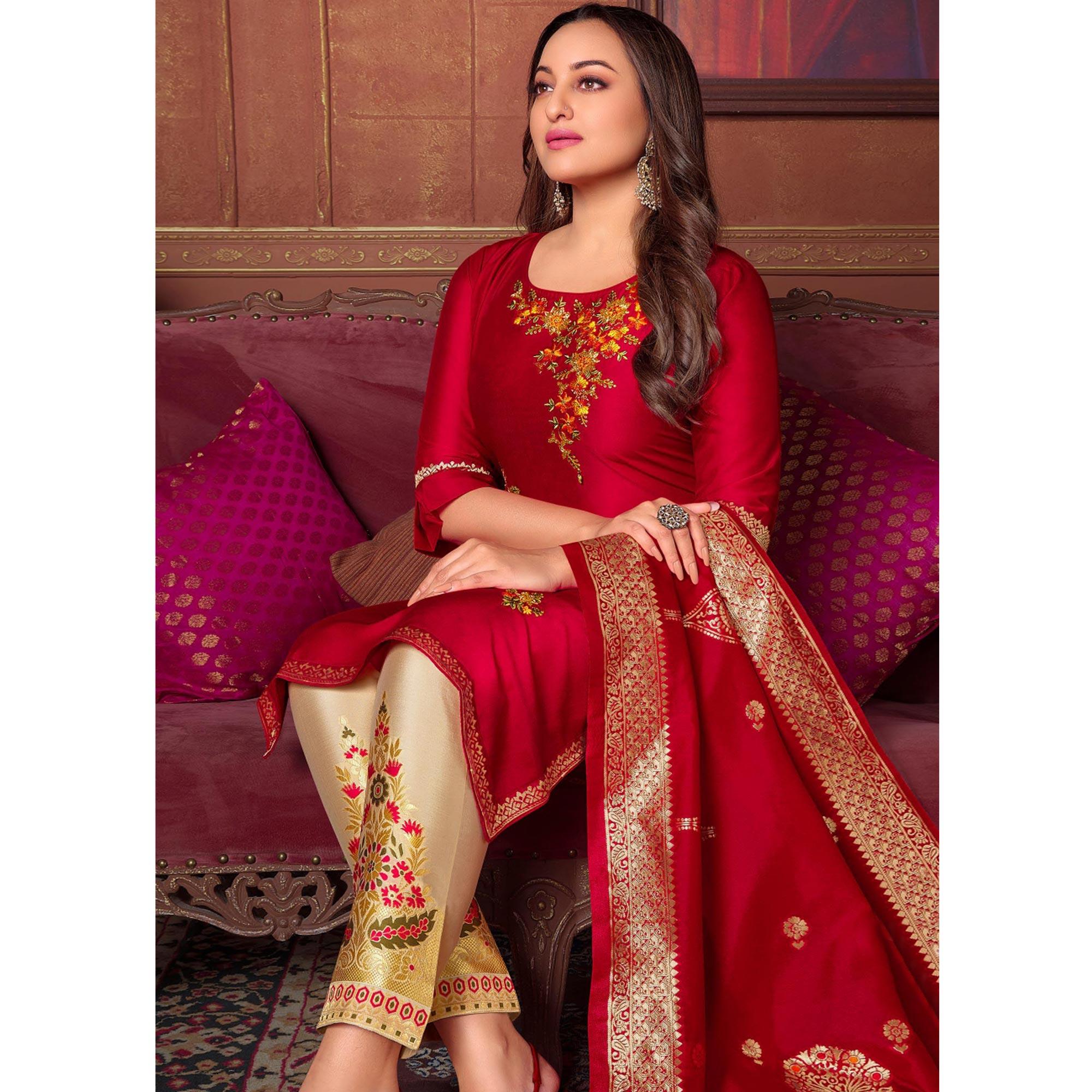 Red Floral Embroidered Art Silk Kurti Pant Set With Dupatta - Peachmode