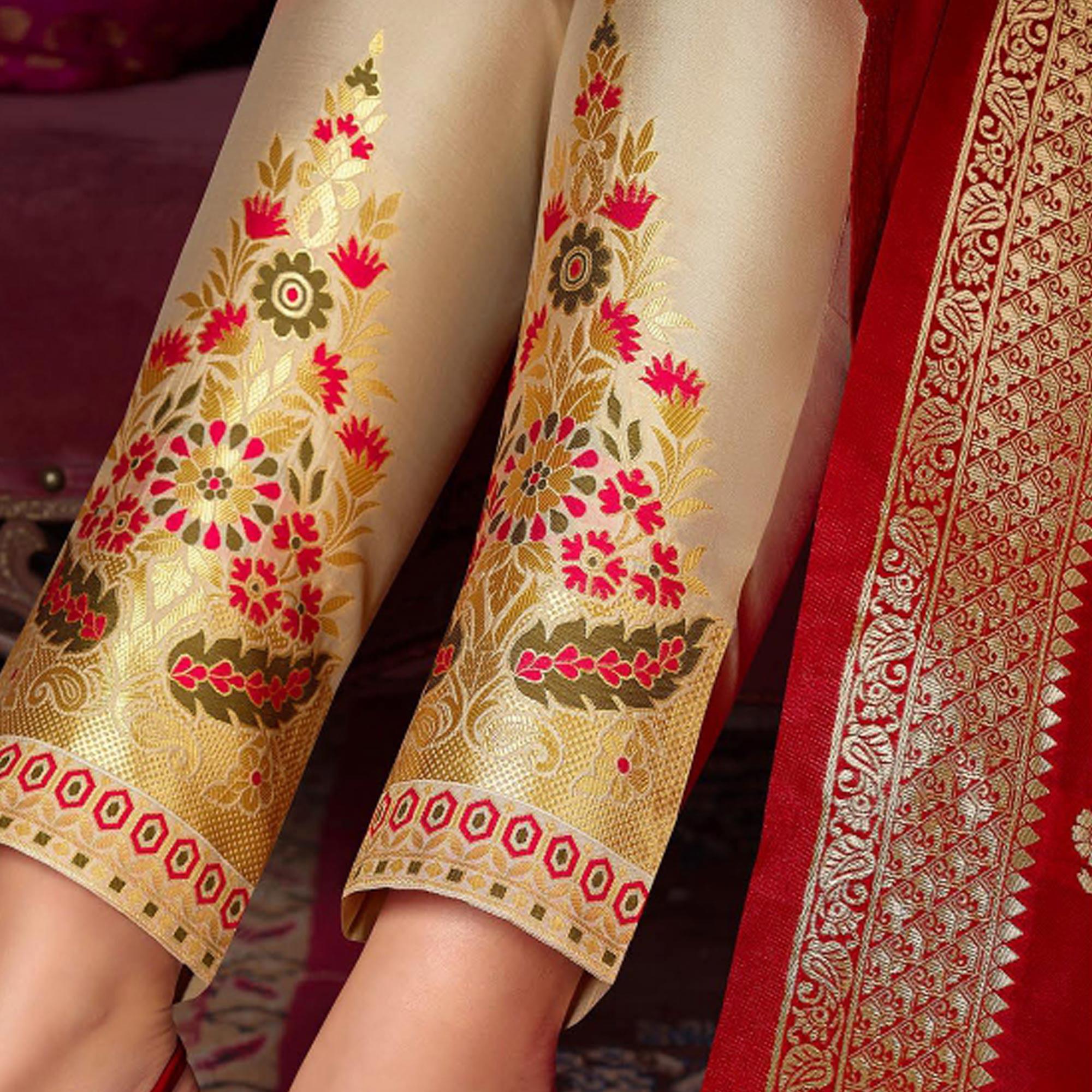 Red Floral Embroidered Art Silk Kurti Pant Set With Dupatta - Peachmode