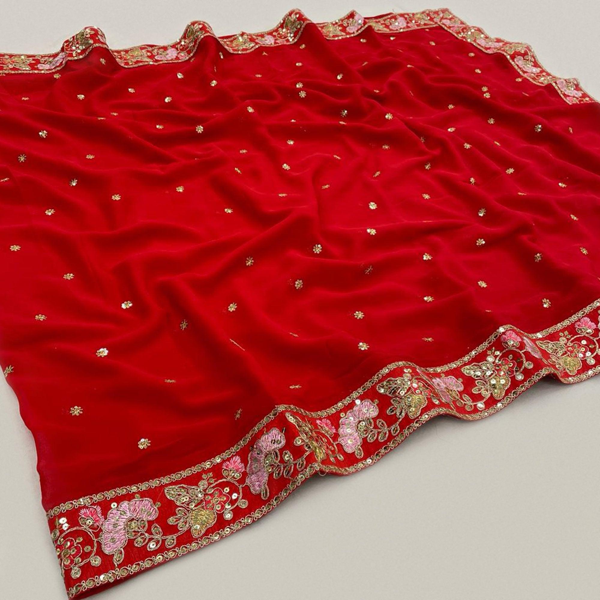 Red Floral Embroidered Georgette Saree - Peachmode