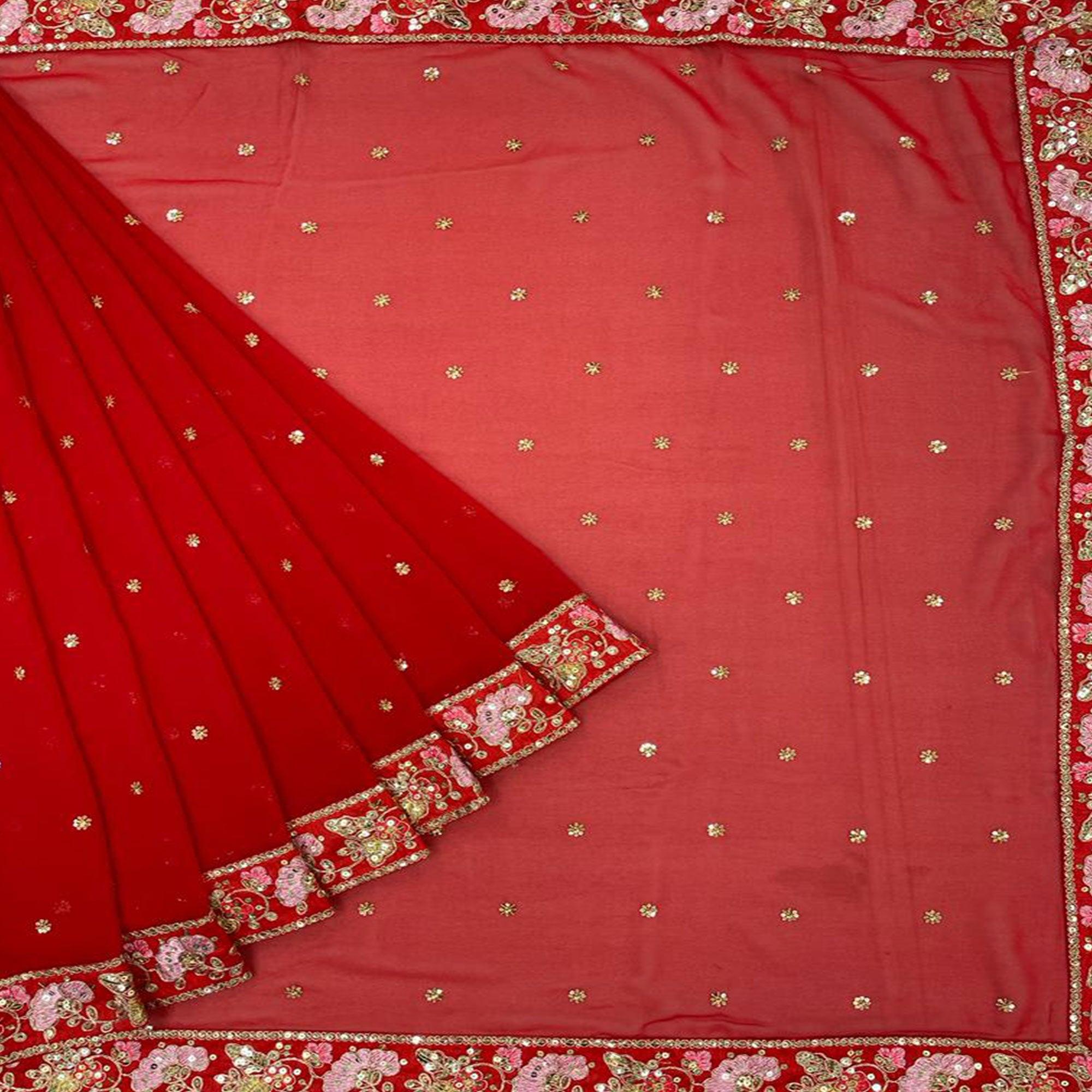 Red Floral Embroidered Georgette Saree - Peachmode