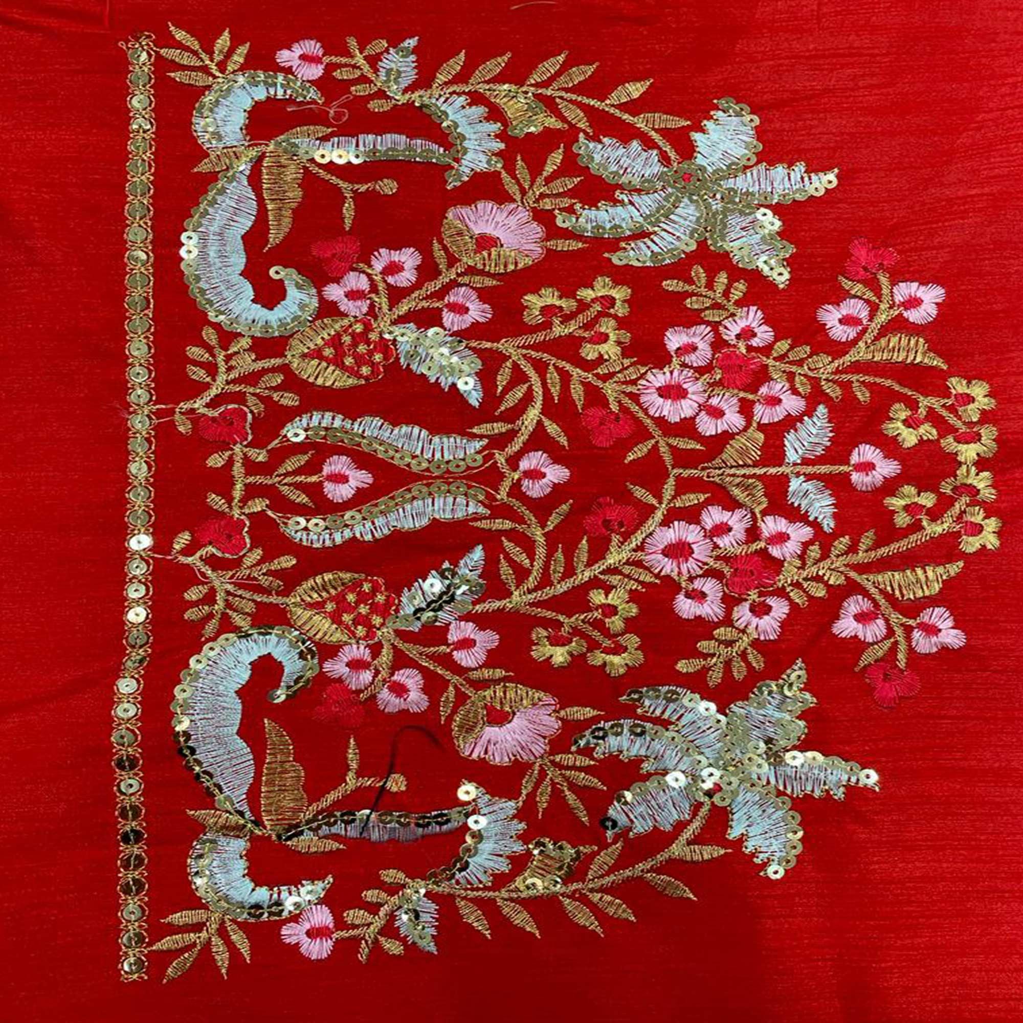 Red Floral Embroidered Georgette Saree - Peachmode