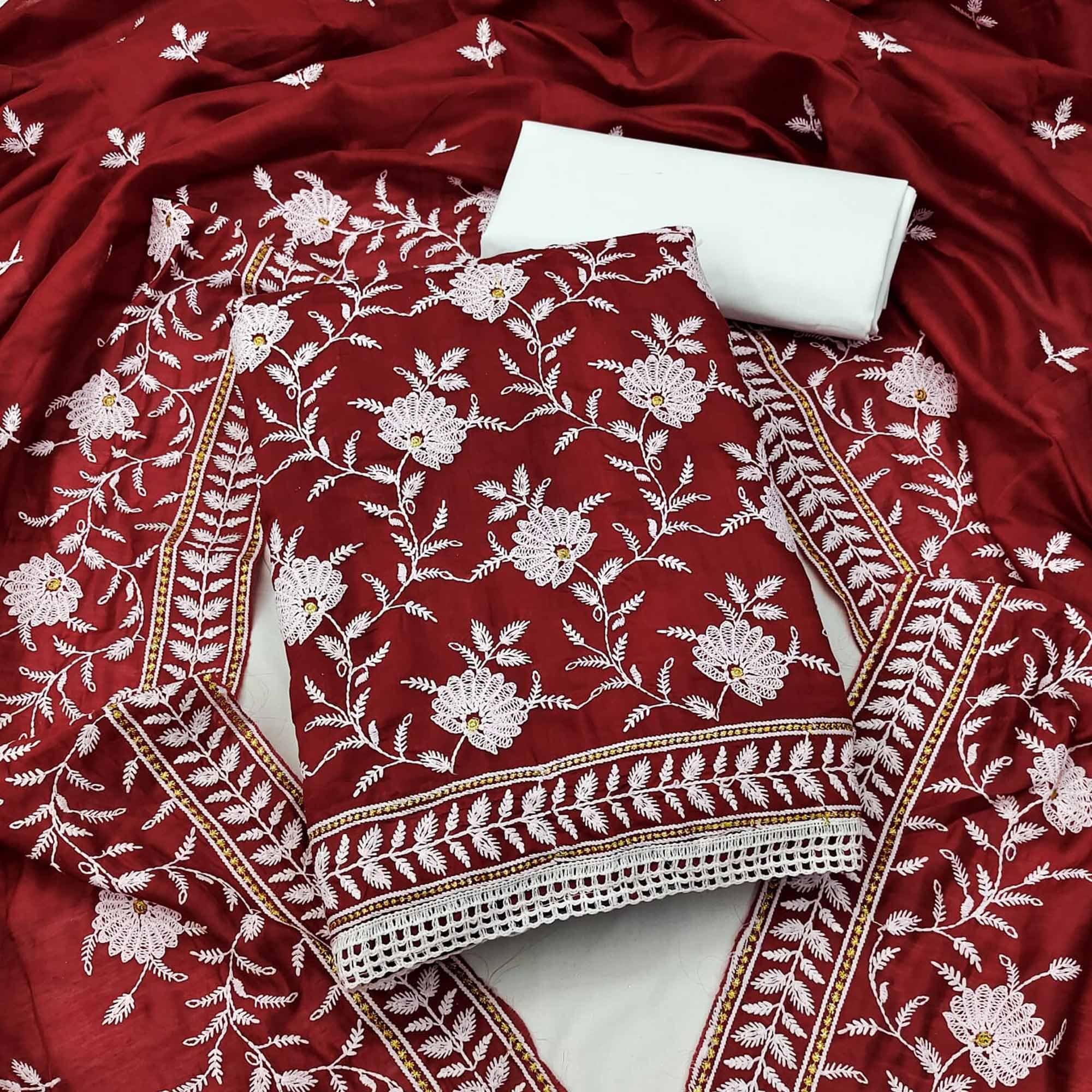 Red Floral Embroidered Muslin Dress Material - Peachmode