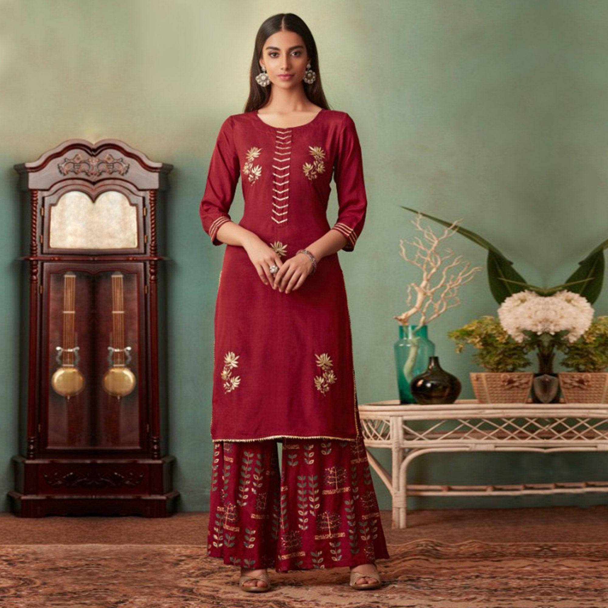 Red Floral Embroidered Muslin Palazzo Suit - Peachmode