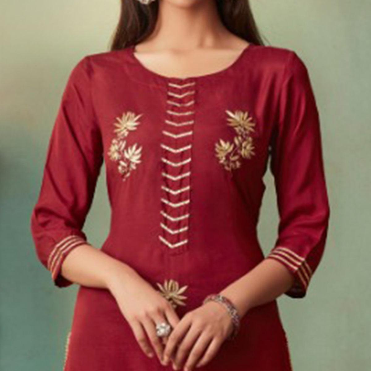 Red Floral Embroidered Muslin Palazzo Suit - Peachmode