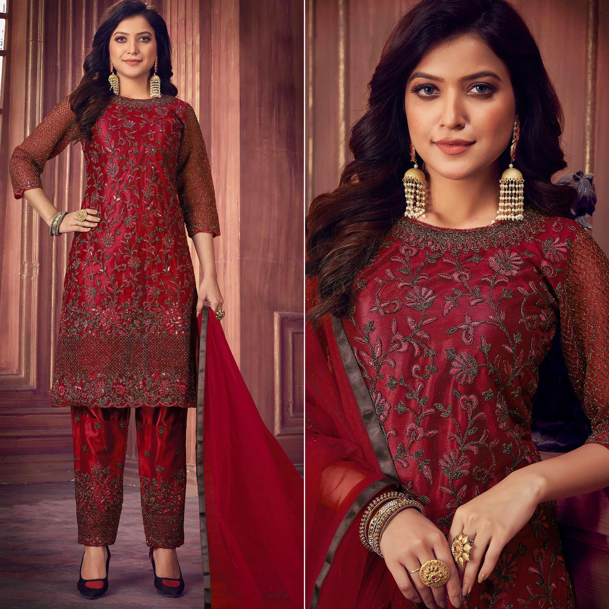 Red Floral Embroidered Net Partywear Suit - Peachmode