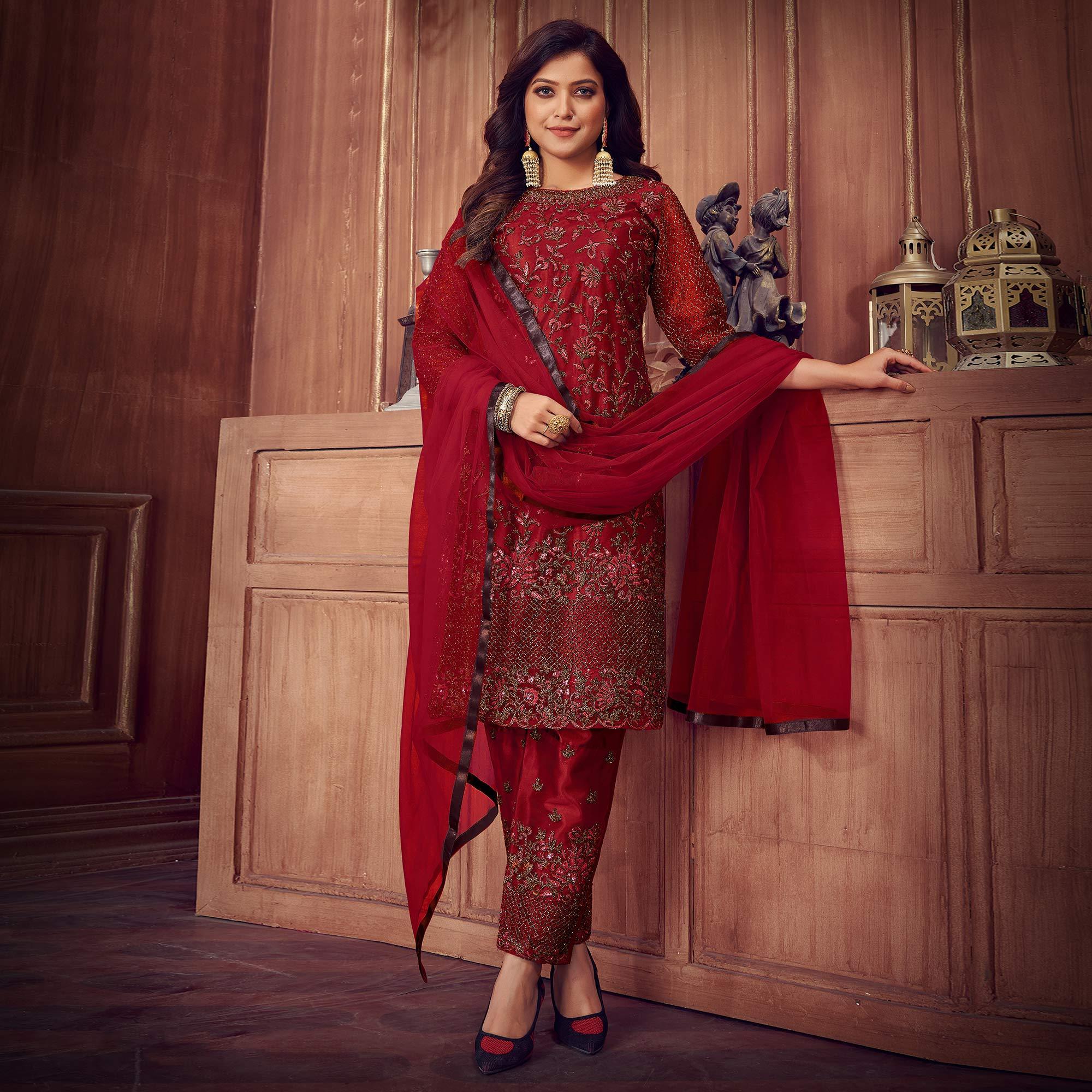 Red Floral Embroidered Net Partywear Suit - Peachmode