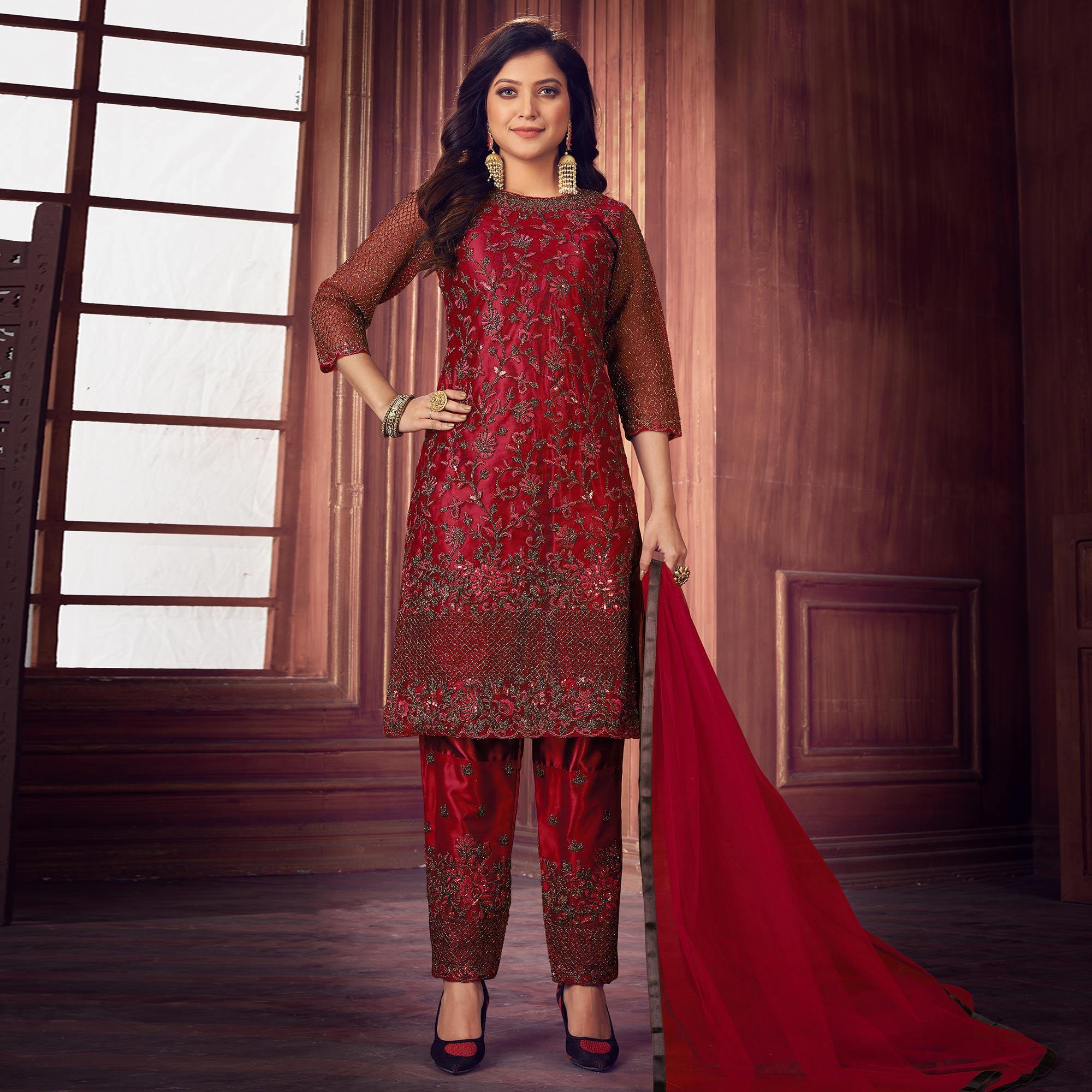 Red Floral Embroidered Net Partywear Suit - Peachmode