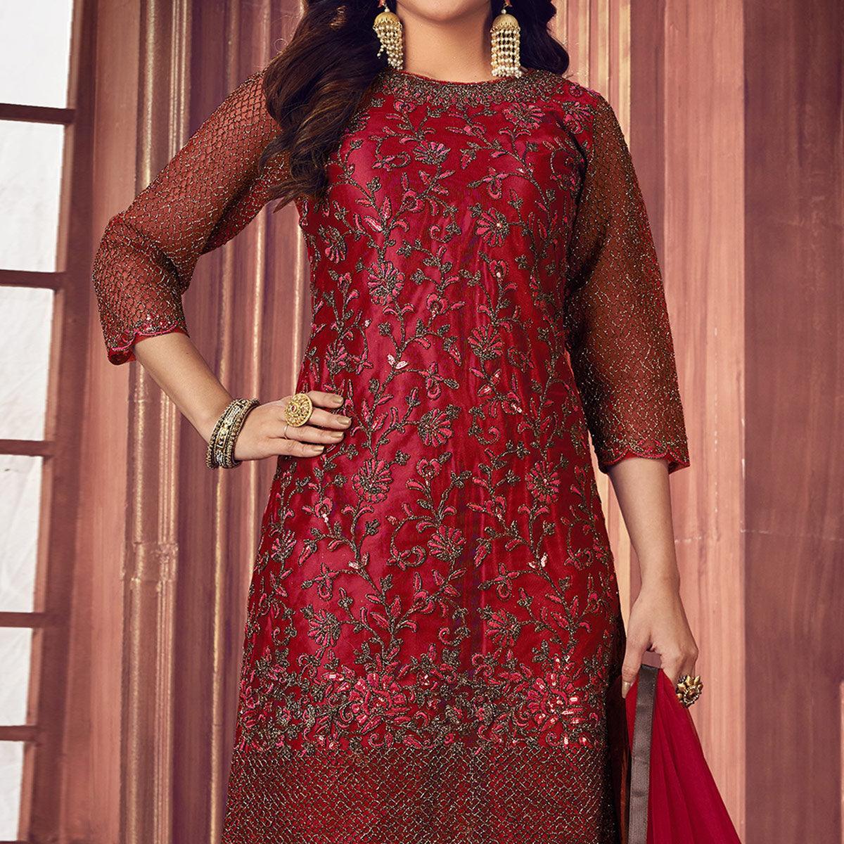 Red Floral Embroidered Net Partywear Suit - Peachmode