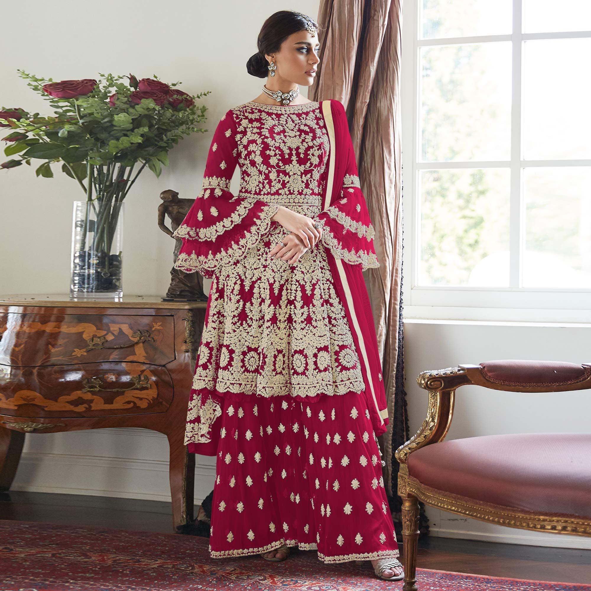 Red Floral Embroidered Net Sharara Suit - Peachmode