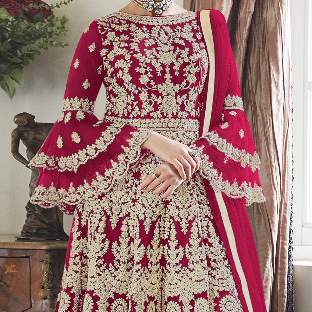 Red Floral Embroidered Net Sharara Suit - Peachmode