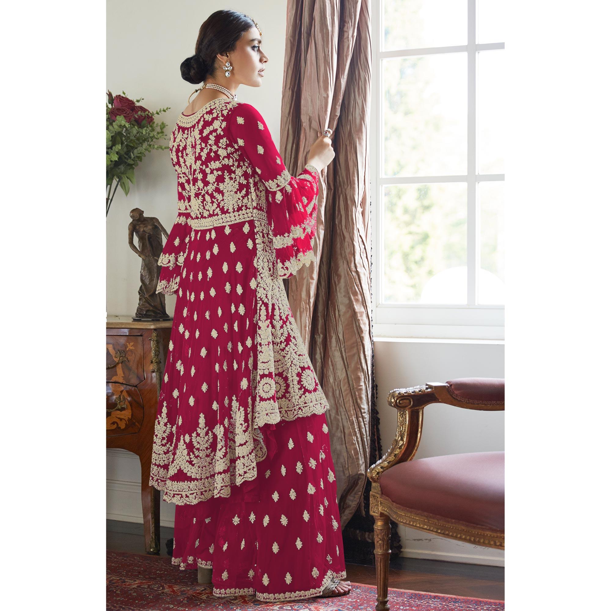 Red Floral Embroidered Net Sharara Suit - Peachmode