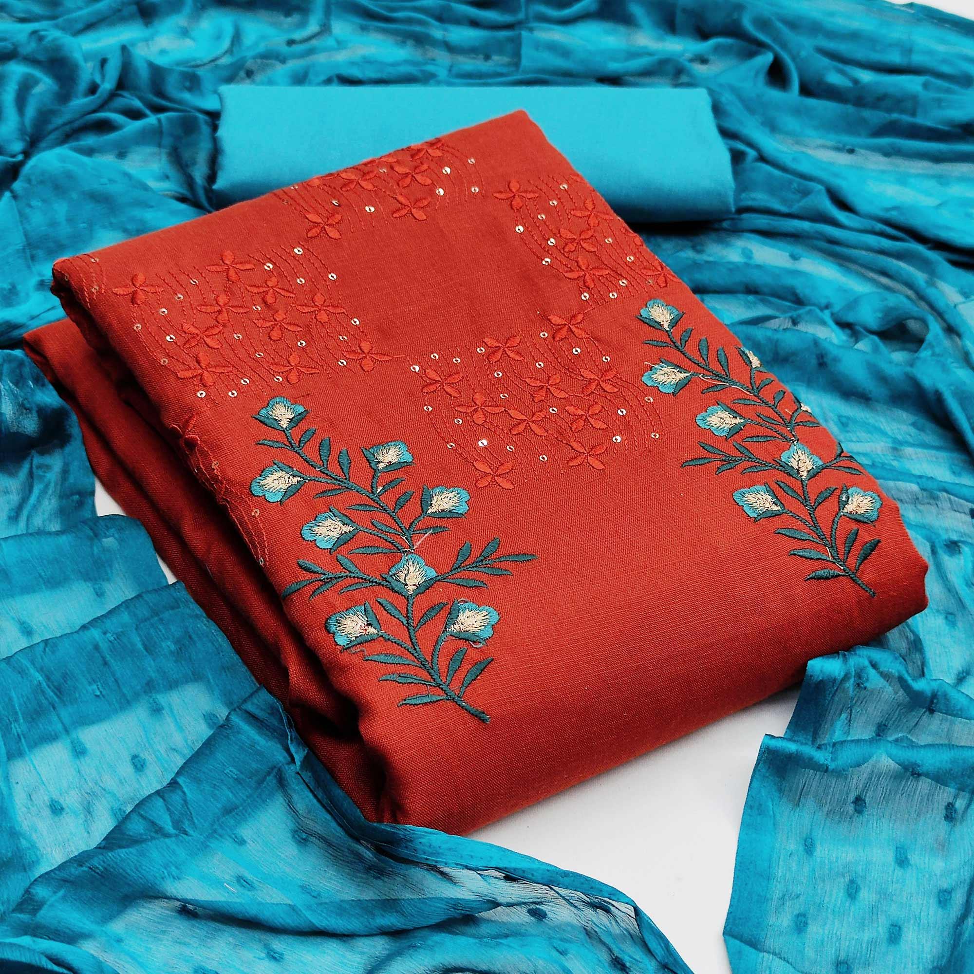 Red Floral Embroidered Pure Cotton Dress Material - Peachmode