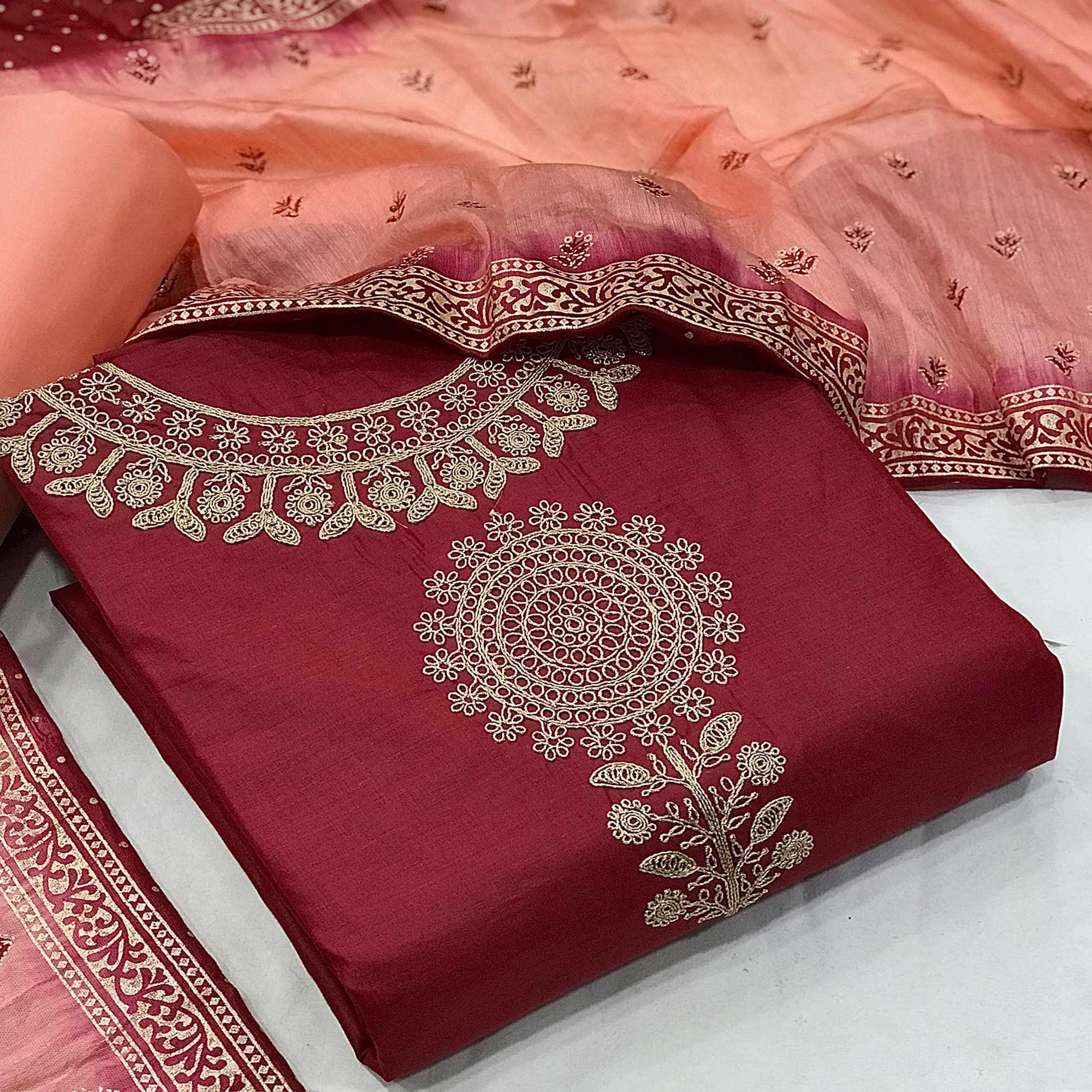 Floral Embroidered Dress Material In Peachmode Red Floral