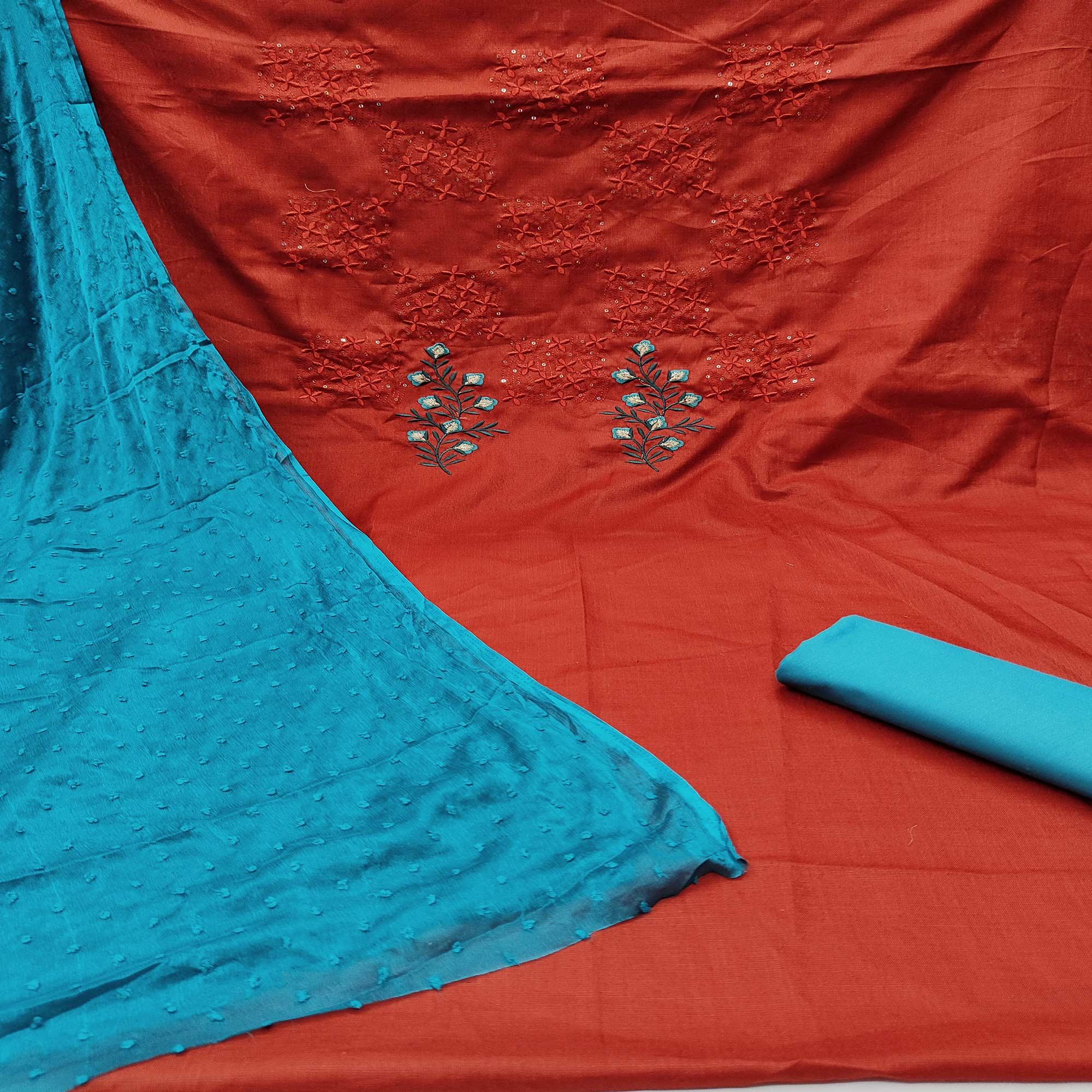 Red Floral Embroidered Pure Cotton Dress Material - Peachmode