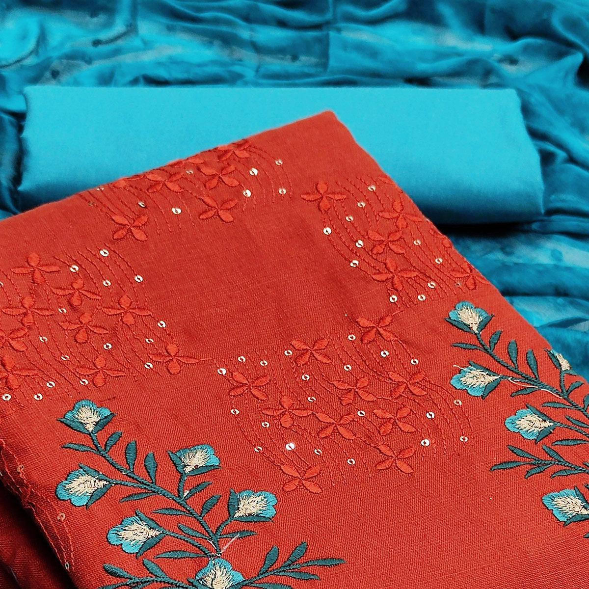 Red Floral Embroidered Pure Cotton Dress Material - Peachmode