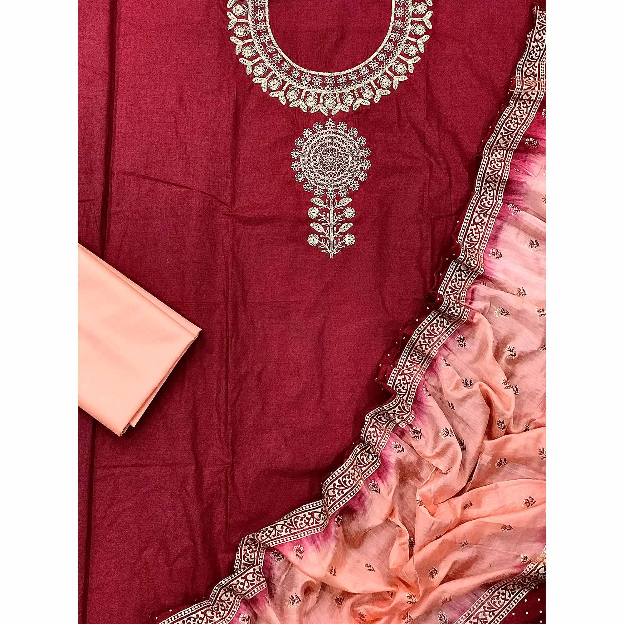Red Floral Embroidered Pure Cotton Dress Material - Peachmode