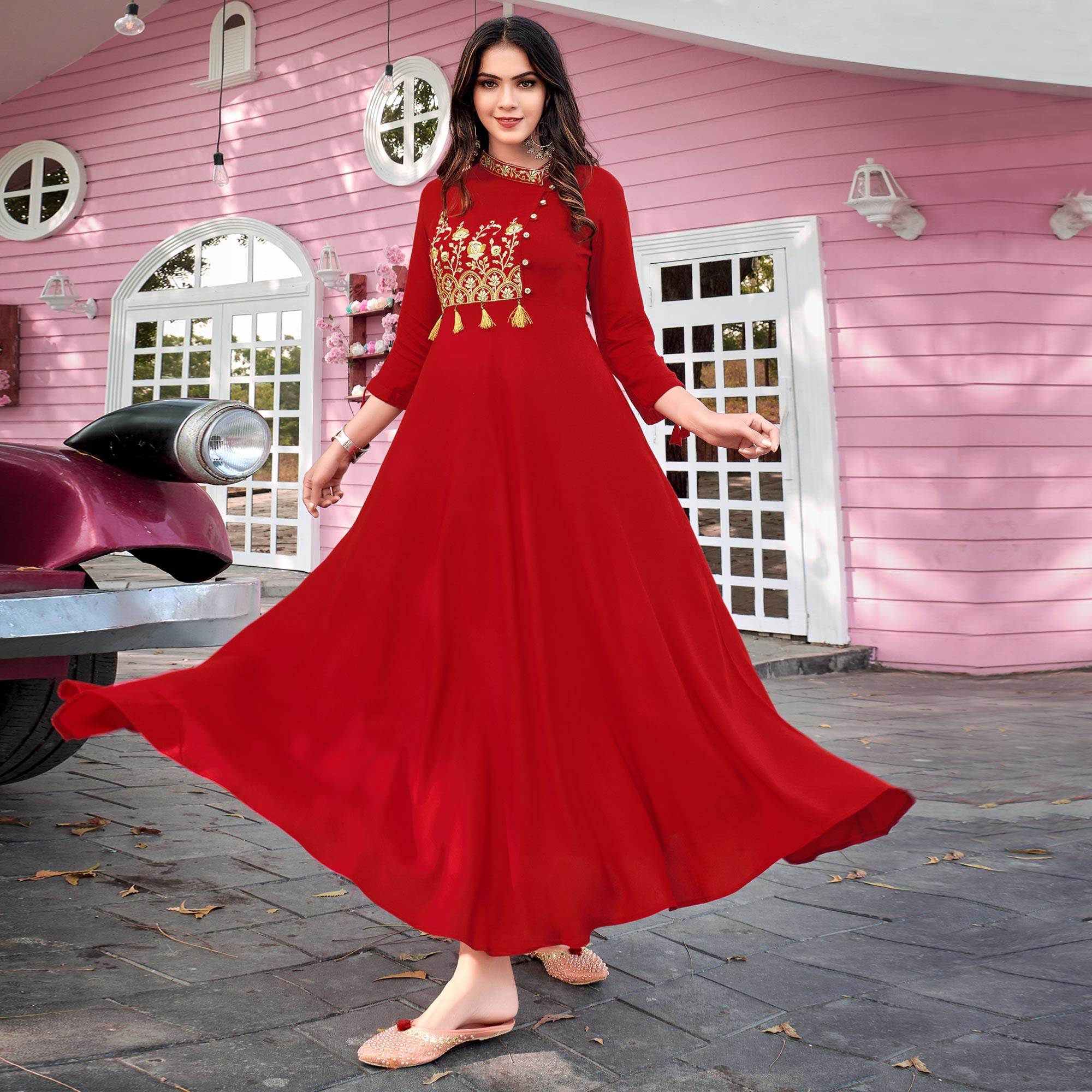 Red Floral Embroidered Rayon Gown Red Floral Embroidered Rayon Gown
