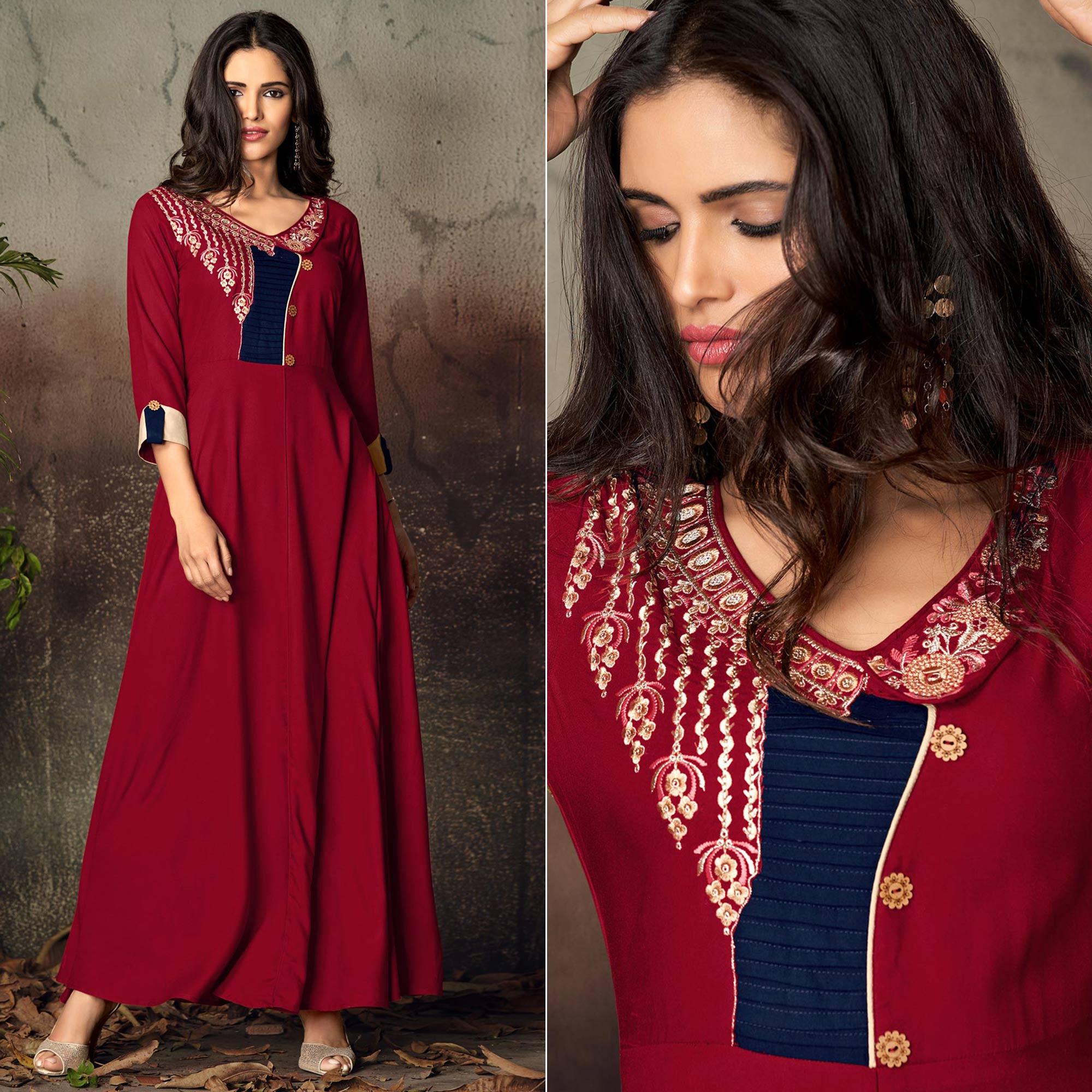 Red Floral Embroidered Rayon Kurti - Peachmode