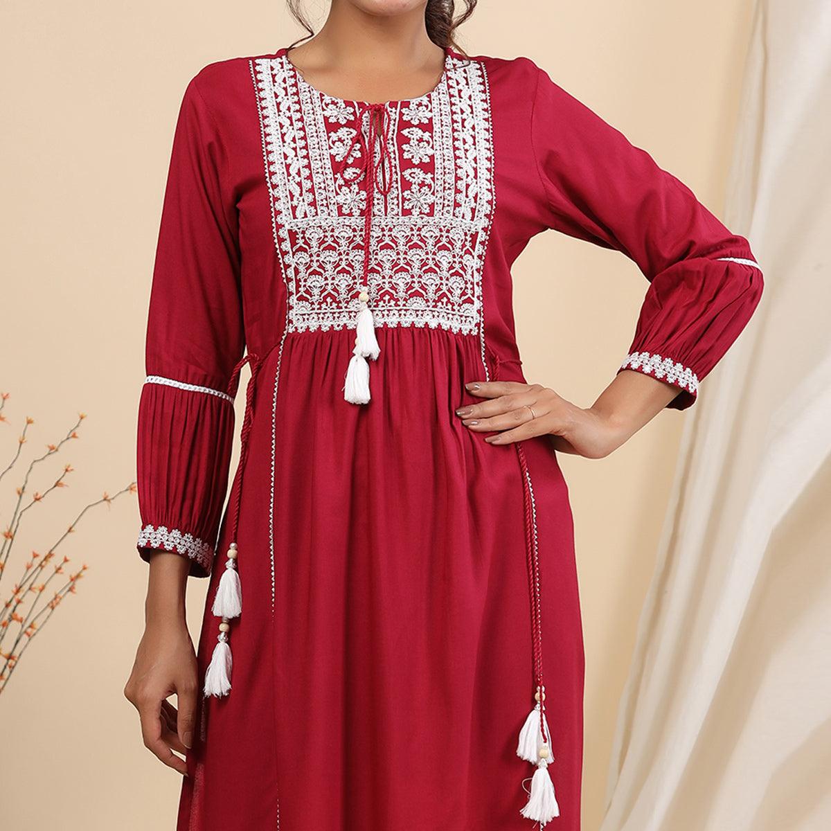 Red Floral Embroidered Rayon Kurti - Peachmode