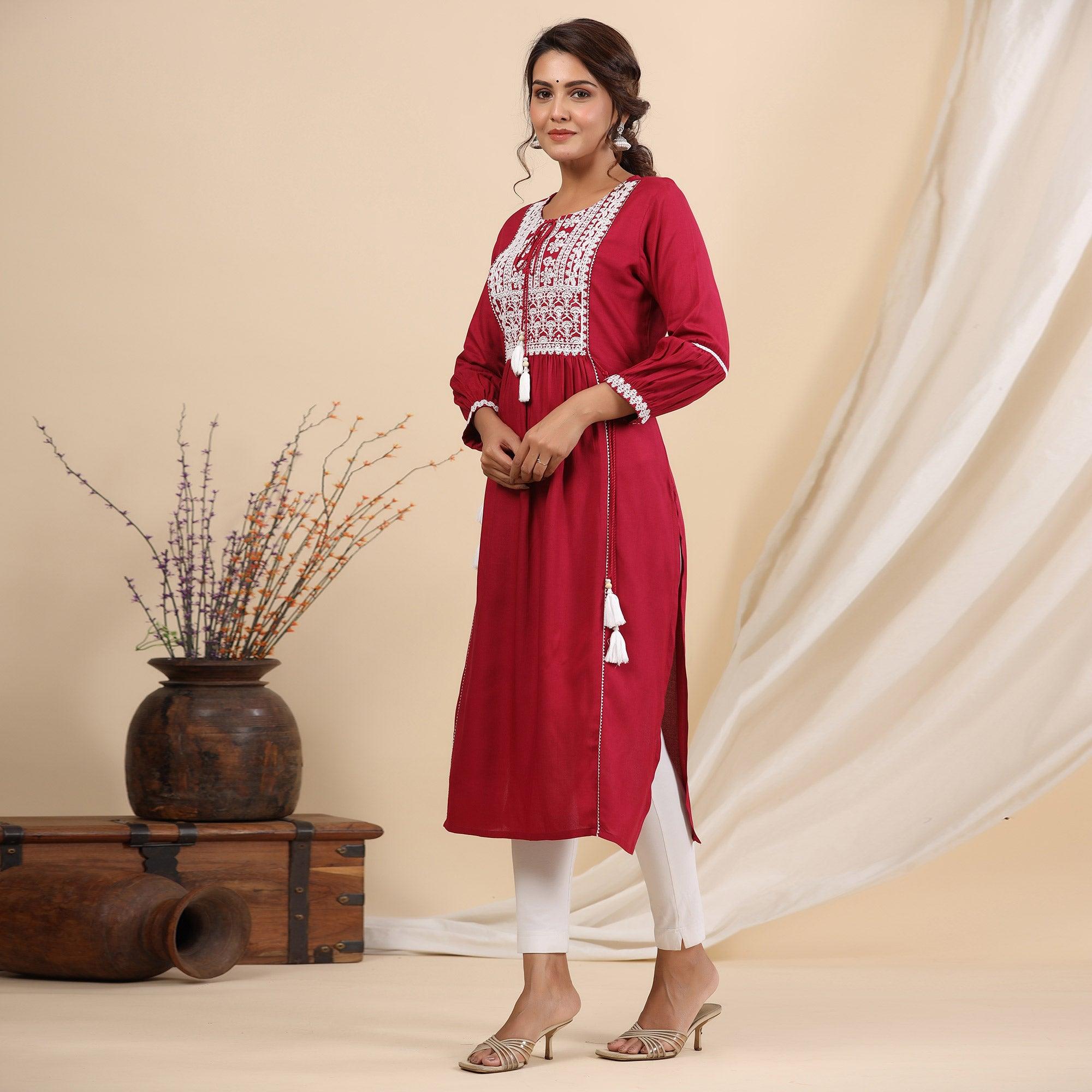 Red Floral Embroidered Rayon Kurti - Peachmode