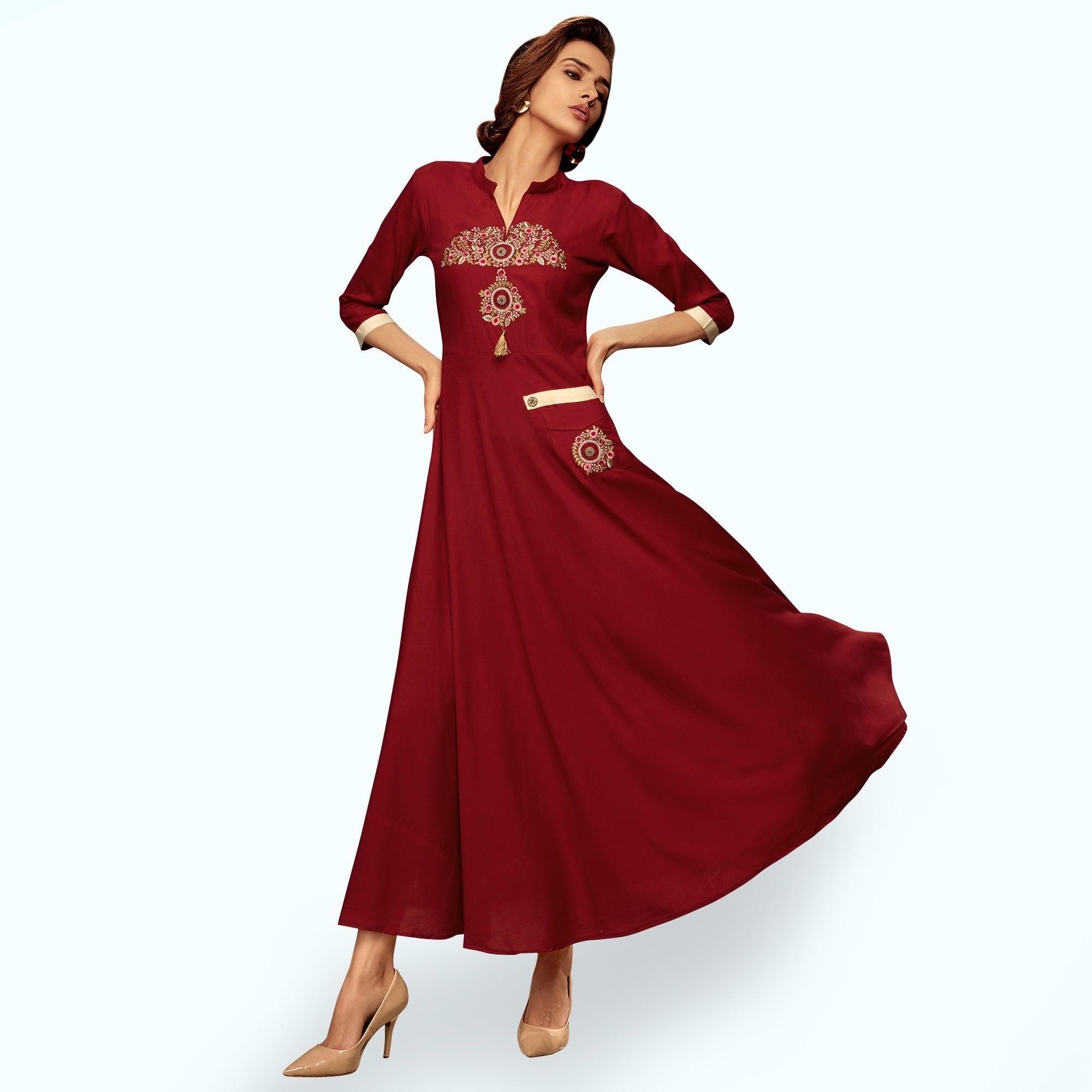 Red Floral Embroidered Rayon Long Kurti - Peachmode